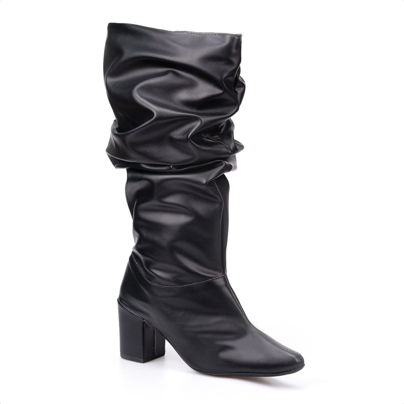 Vista principal Bota Feminina Slouchy Domidona Bico Fino Salto Grosso Elegante Preta Domidona preto