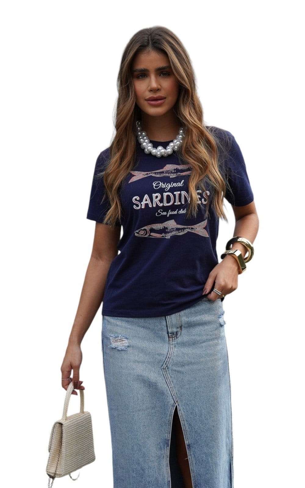 Vista principal Camiseta Feminina Cianitas Estampa Original Sardines Cianitas azul marinho