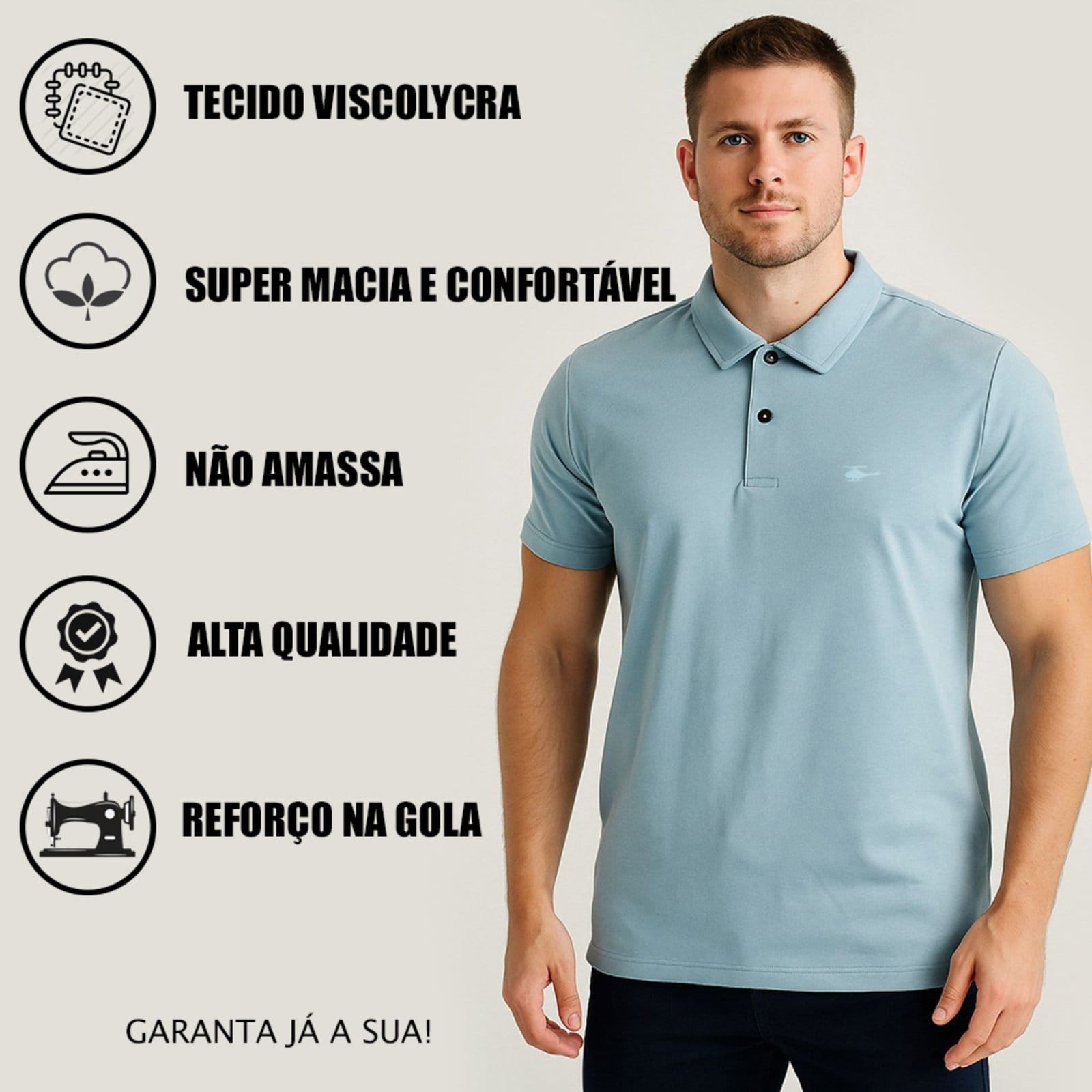Vista 2 Camisa Polo Masculina Básica Sallo Premium Misto Sky Sallo azul