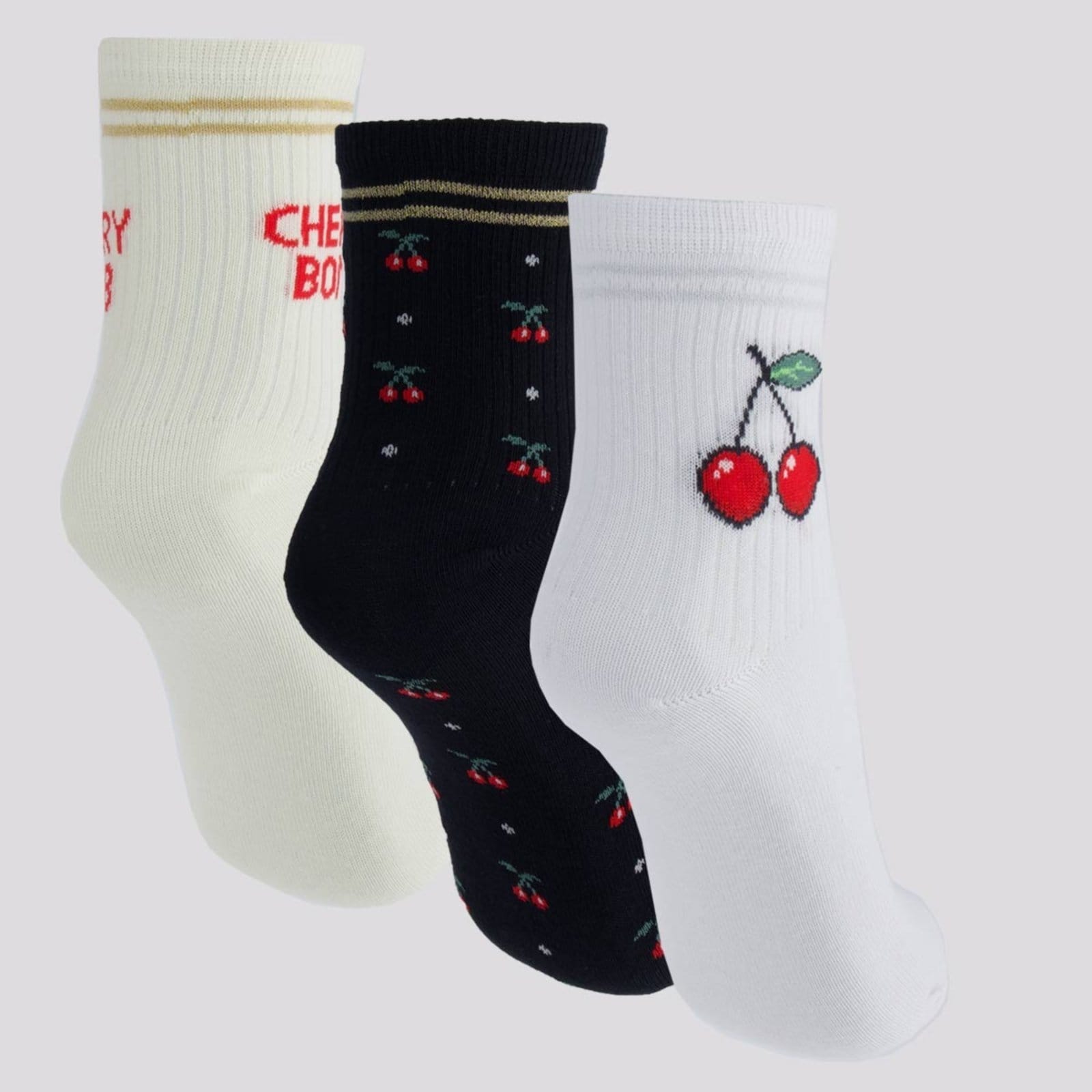 Vista 2 Kit Meia Selene 3 Pares Soquete Feminina Marfim Preta e Branca SELENE preto