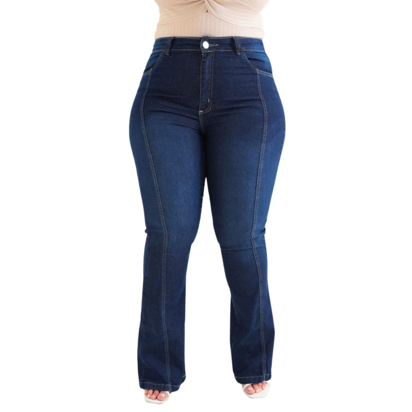 Vista principal Calça Feminina Flare Jeans com Nervura Frontal Jeans Loka azul