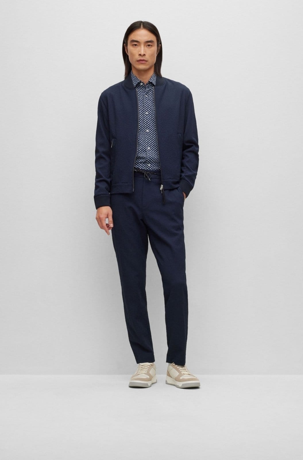 Vista 2 Camisa Slim Fit Estampada Em Jérsei De Desempenho Stretch Boss azul marinho