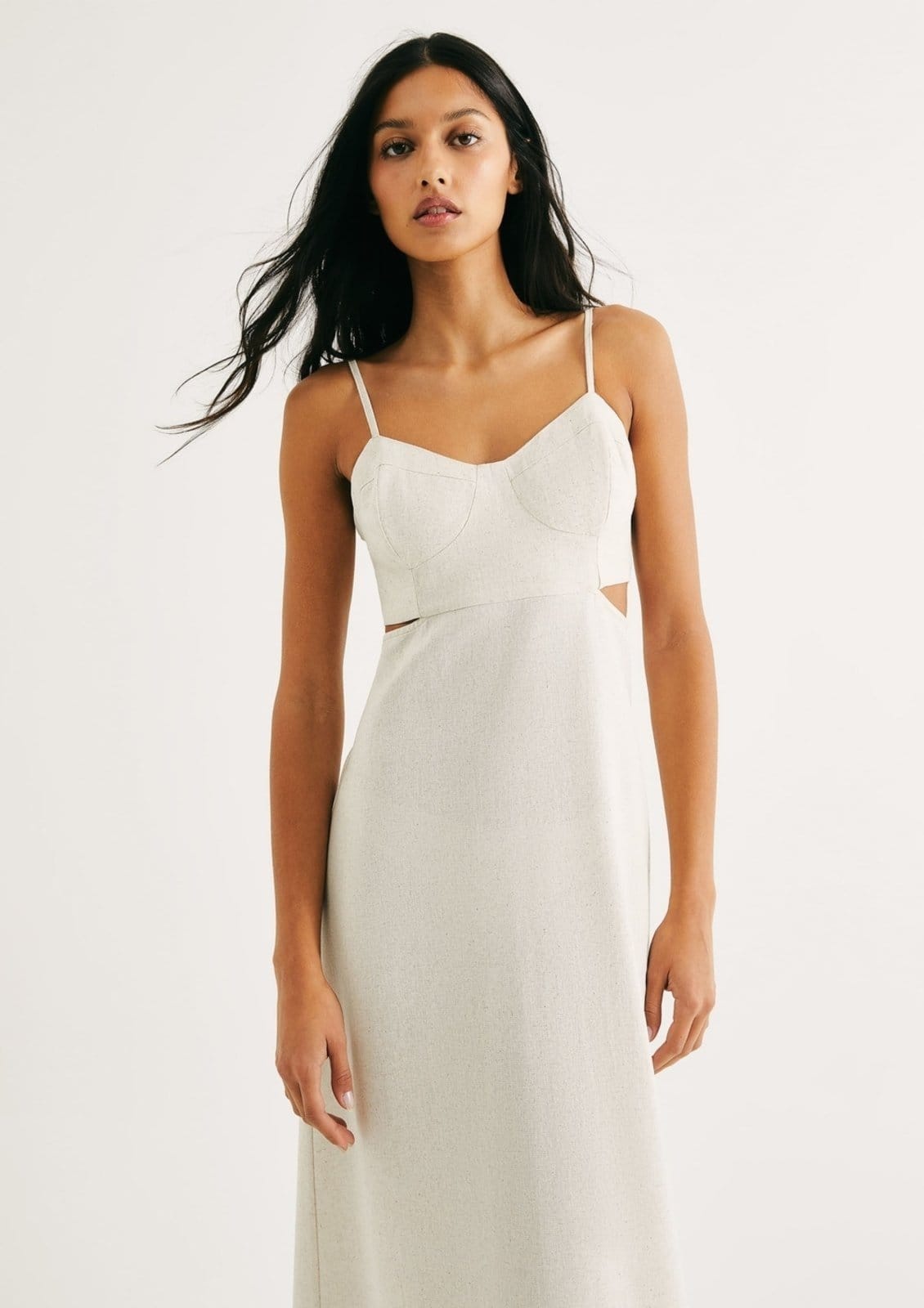 Vista 2 Vestido Midi Evasê Com Lastex Em Linho Hering off-white