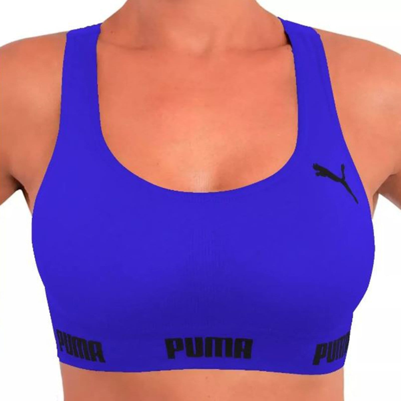 Vista principal Top Feminino Puma Alta Sustentação Academia Fitness Royal Puma azul royal