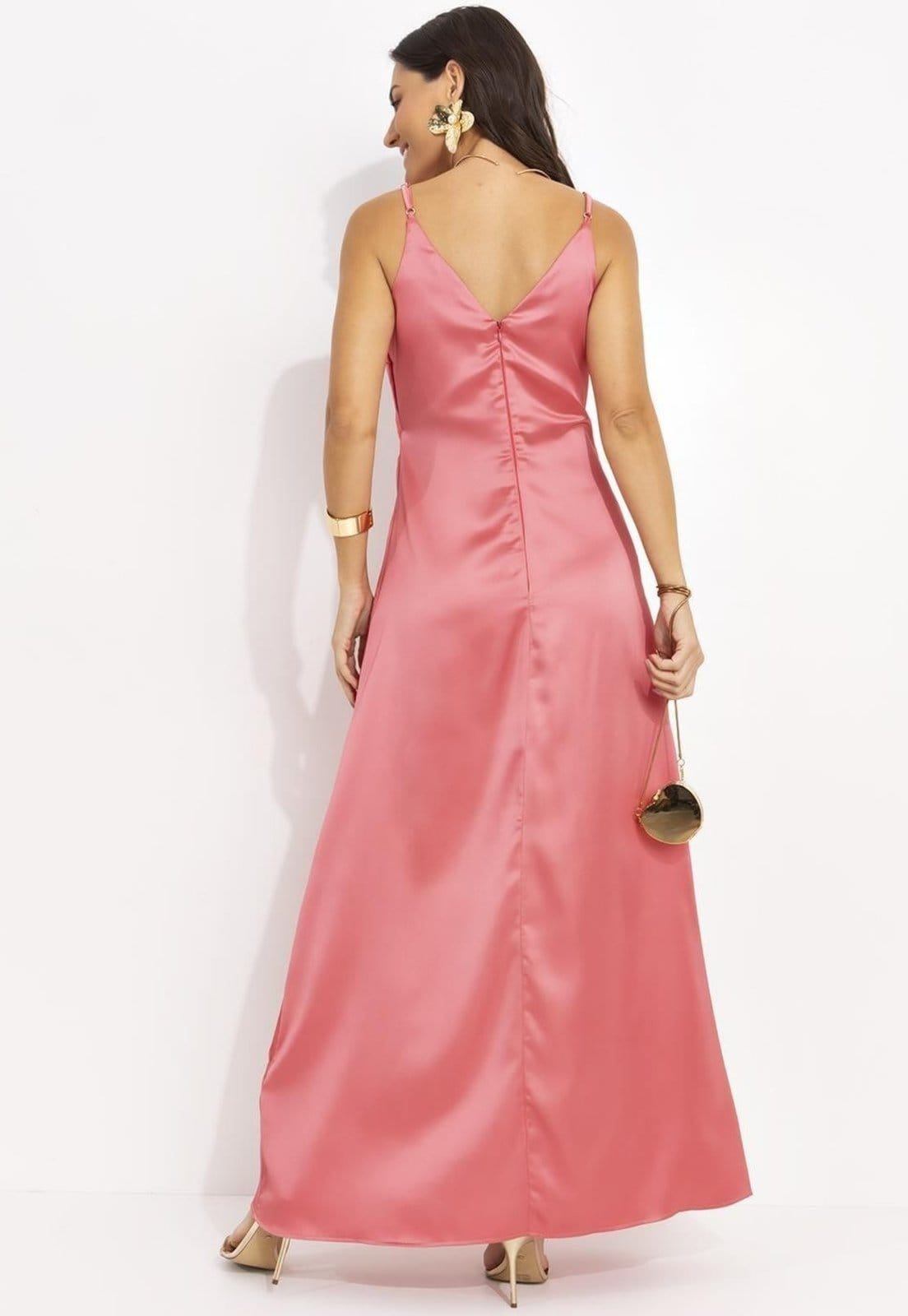 Vista 2 Vestido Em Cetim Salmão Quintess rosa