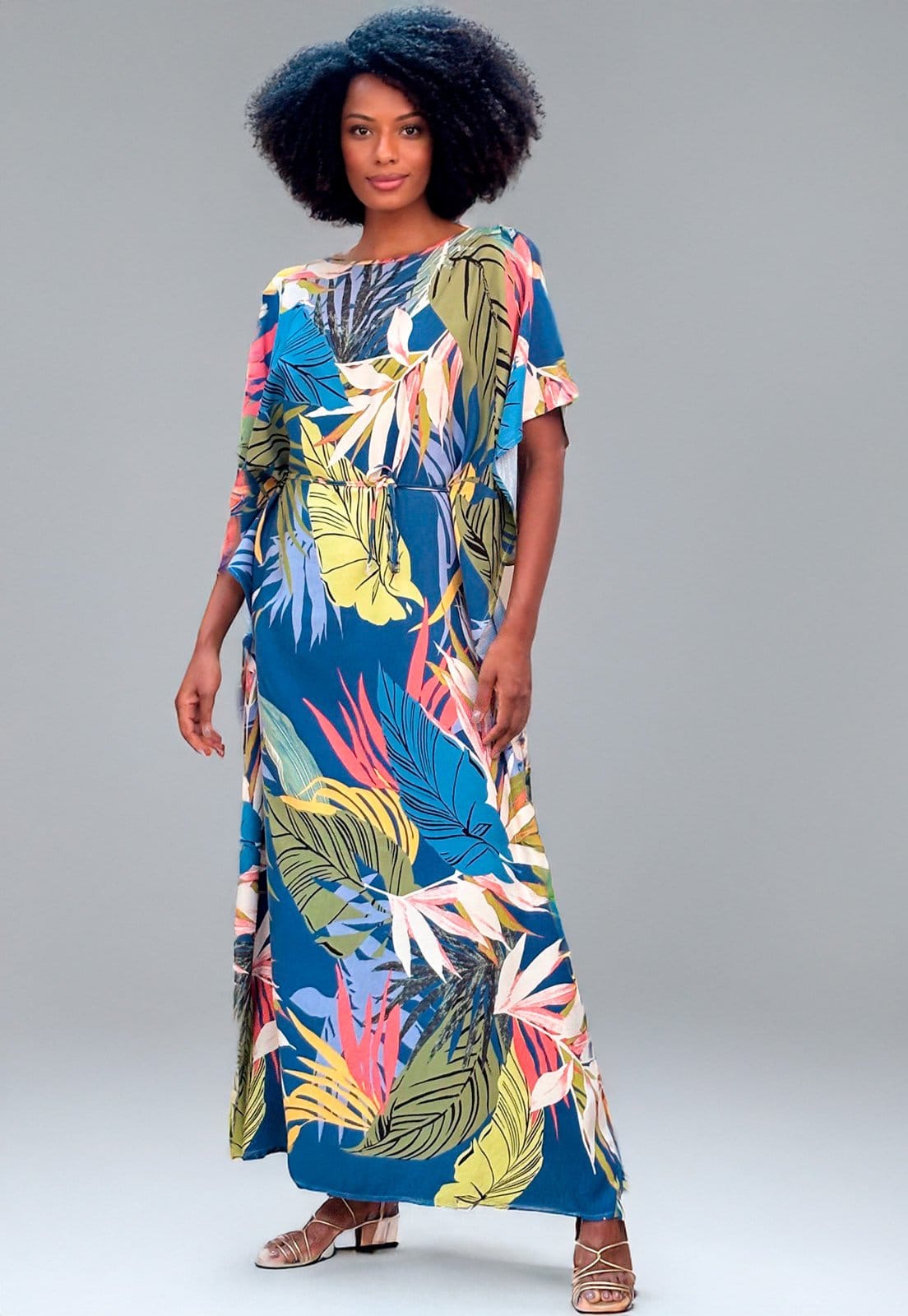 Vista principal Vestido Amazonia Vital Kaftan Viscose Longo Estampa Brisa Botânica Amazonia Vital azul/estampado/verde