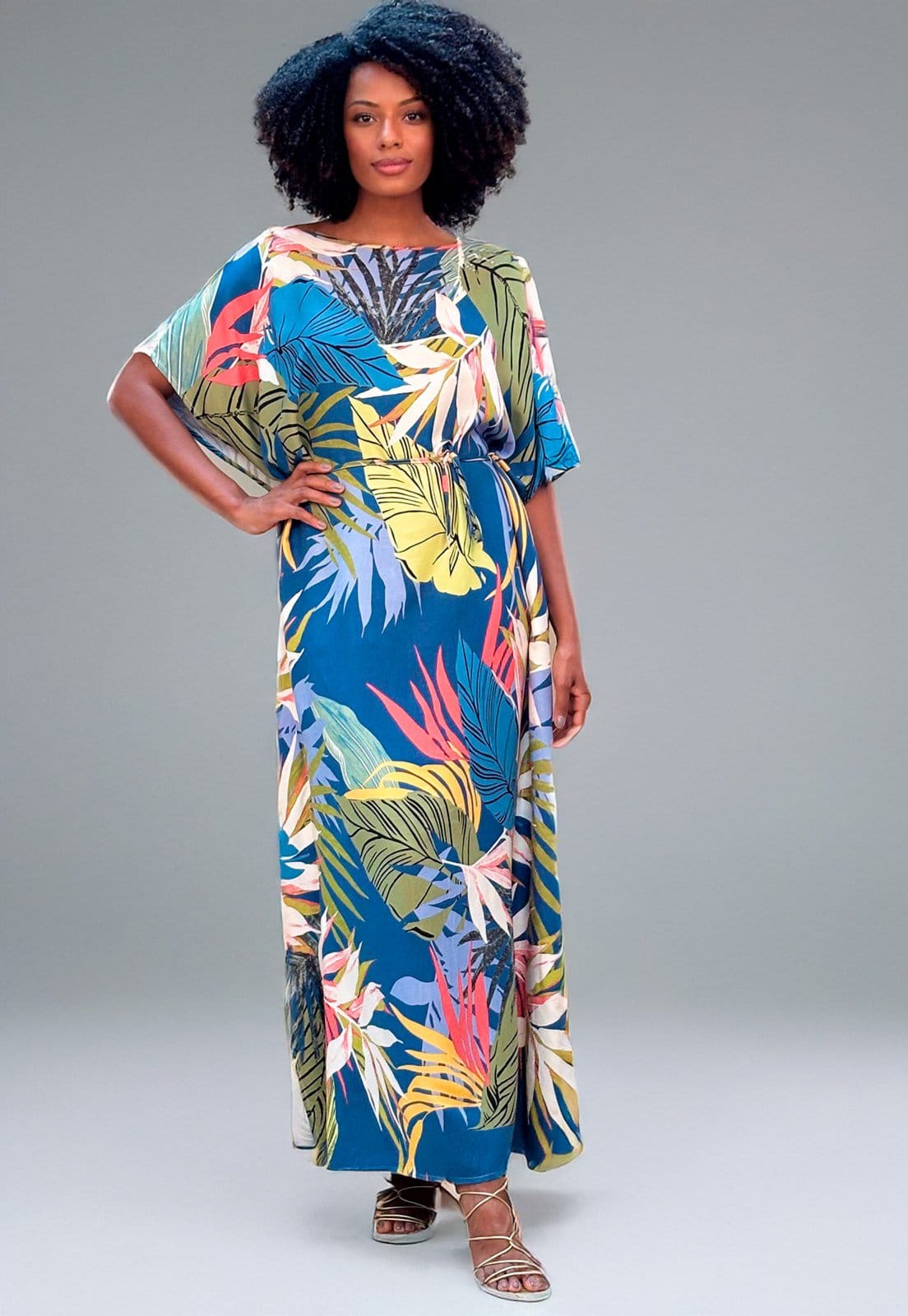 Vista 2 Vestido Amazonia Vital Kaftan Viscose Longo Estampa Brisa Botânica Amazonia Vital azul/estampado/verde