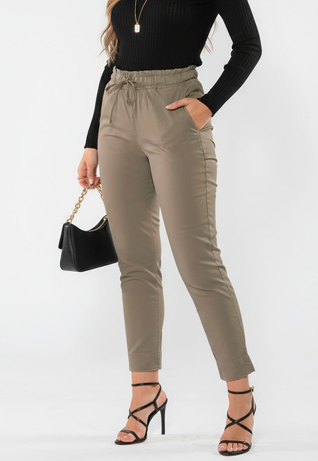 Calça Sarja Feminina Cintura Alta com Elastano e Amarração Conforto e Estilo Casual Escuro