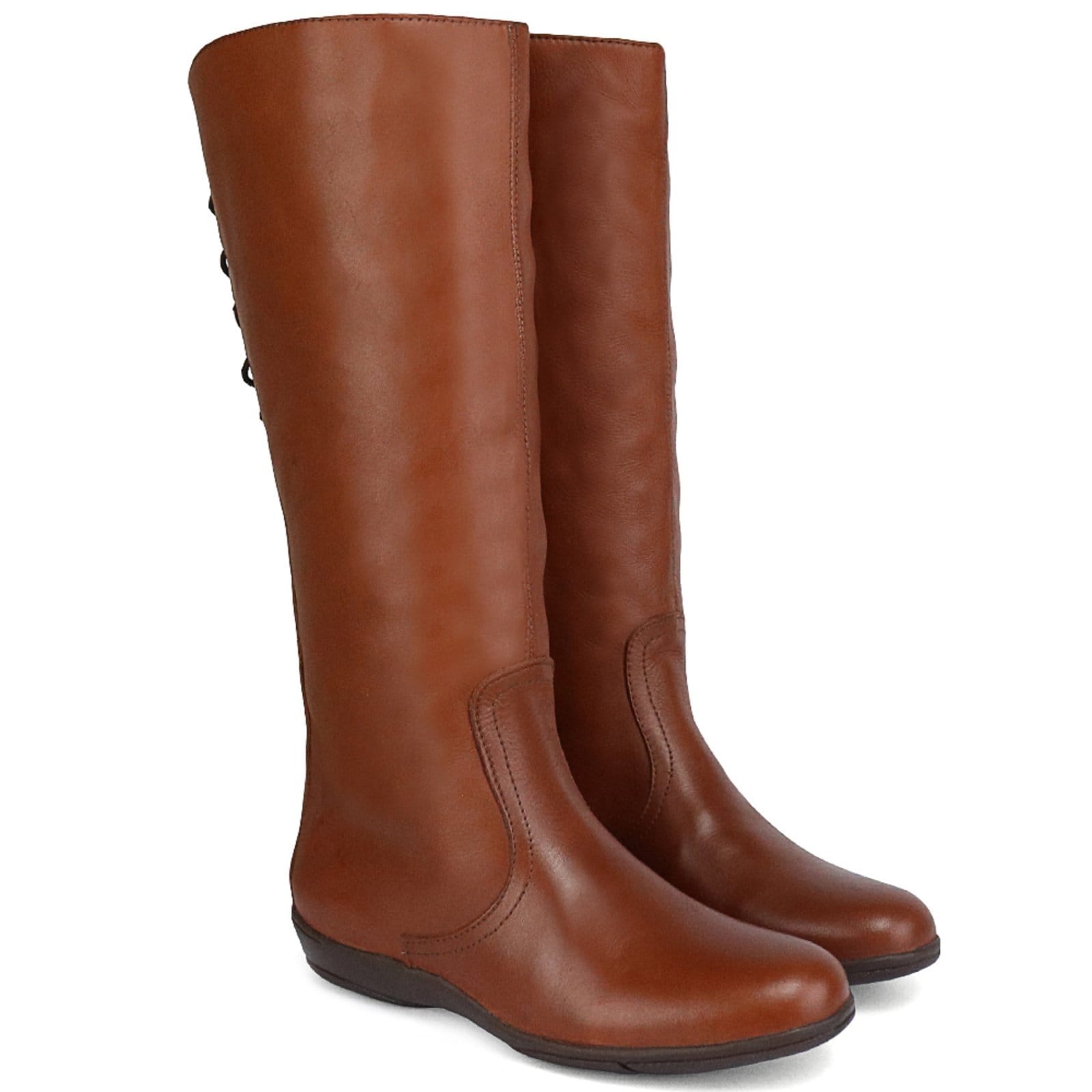 Bota Feminina Cano Longo Em Couro Solado Flat Rasteira - Havana