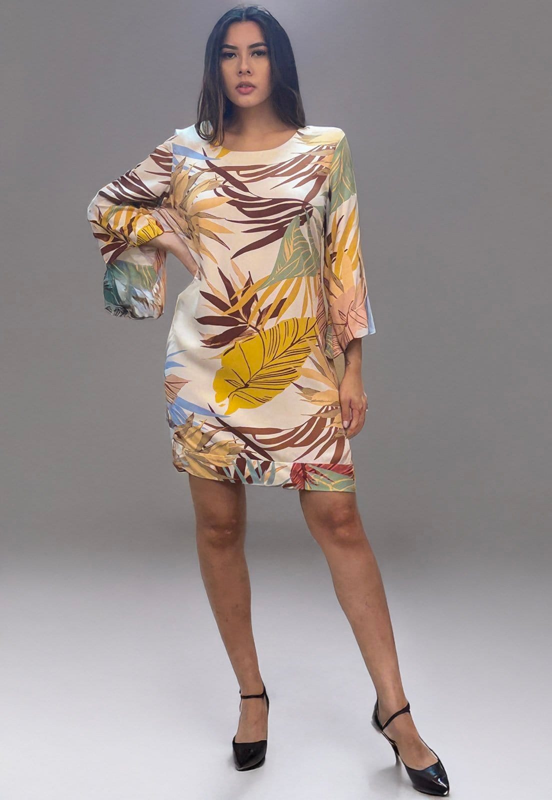 Vista 2 Vestido Curto Amazonia Vital Viscose Manga Ampla Balli Aurora Suave Amazonia Vital amarelo/azul/estampado/verde