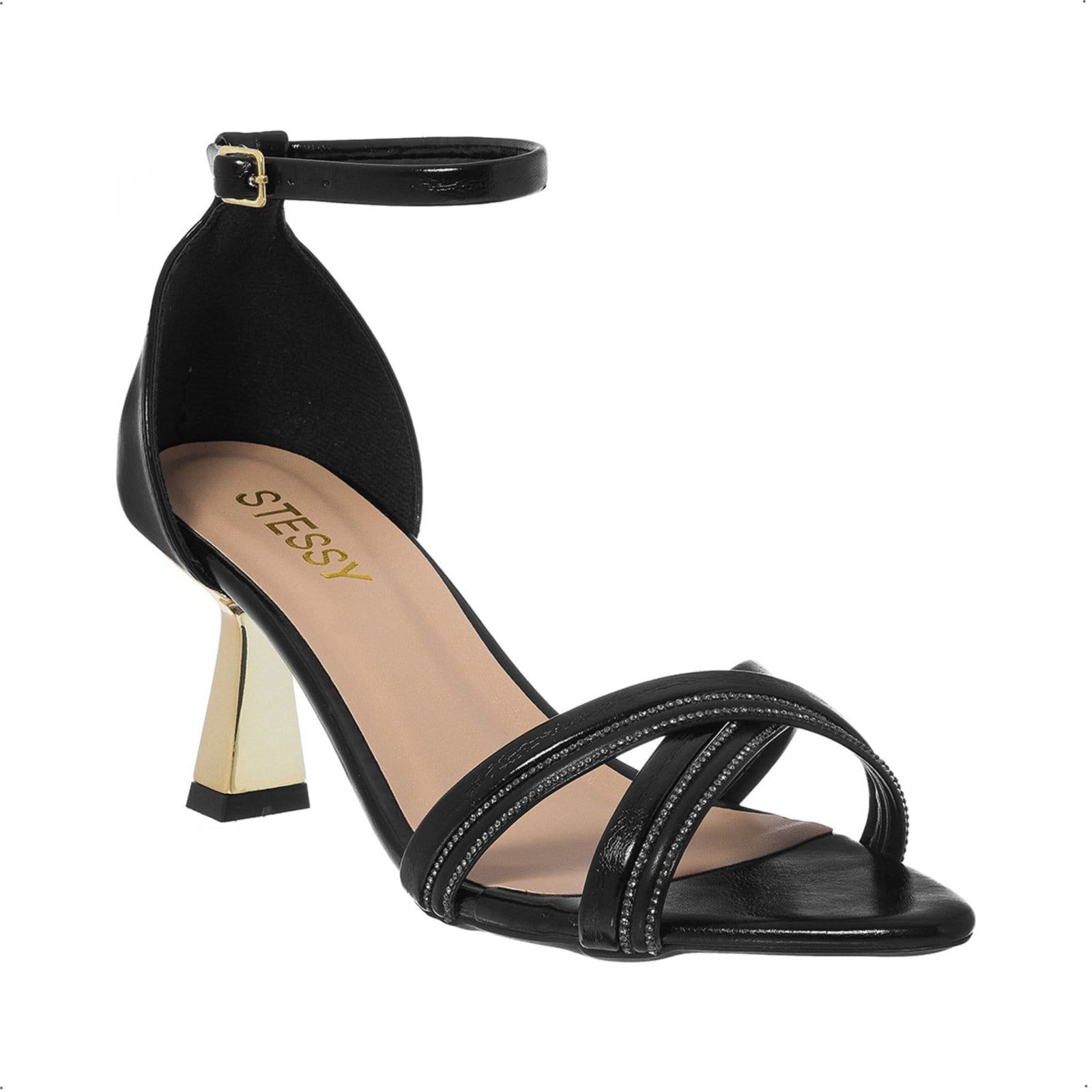 Vista 2 Sandália Feminina Stessy Bico Folha Salto Taça Tira Strass Original Festa Calcanhar Fechado Stessy Shoes preto