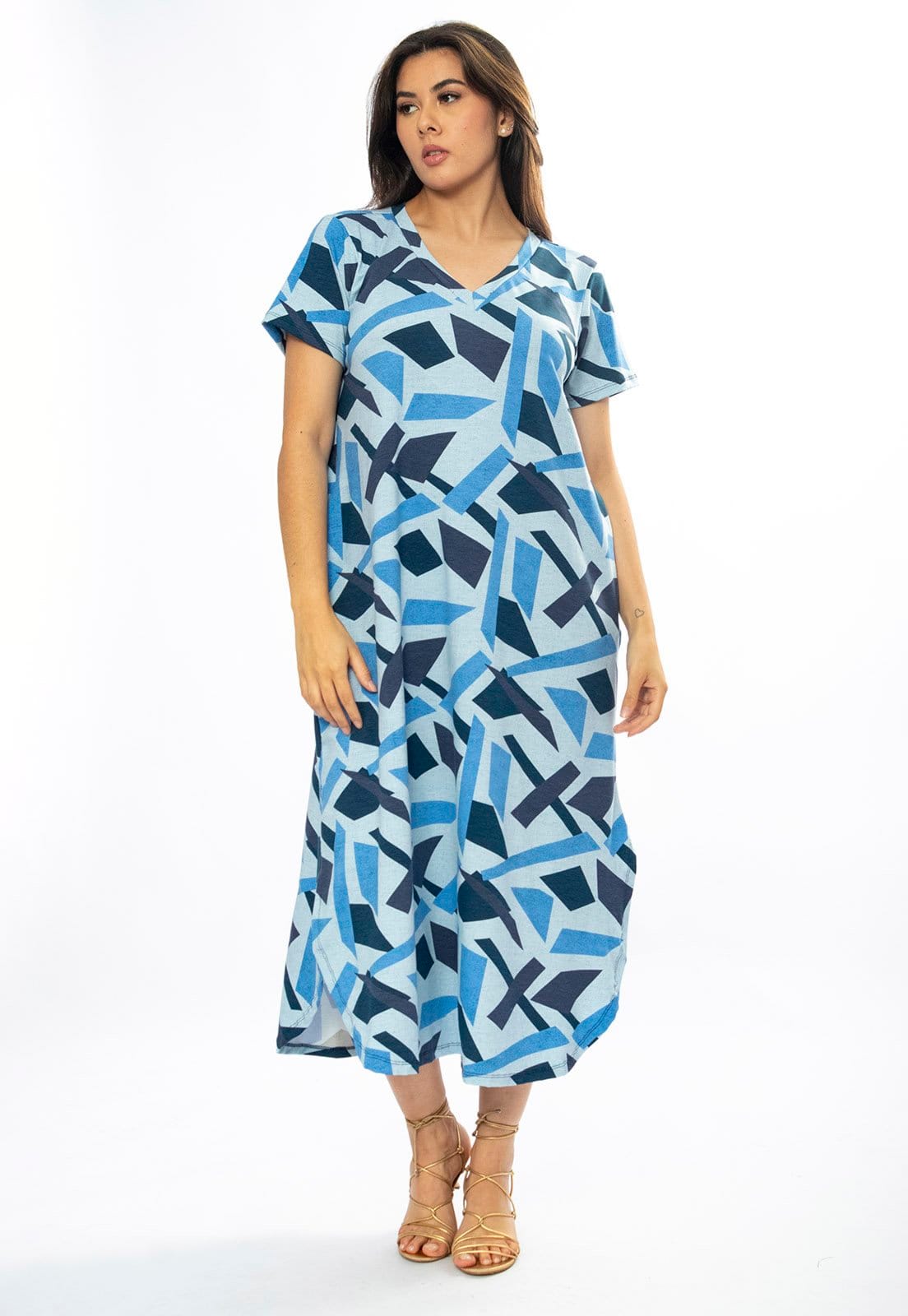 Vista 2 Vestido Amazônia Vital Midi Abapã Malha com Bolso Estampa Caminhos de Azul Amazonia Vital azul marinho/estampado