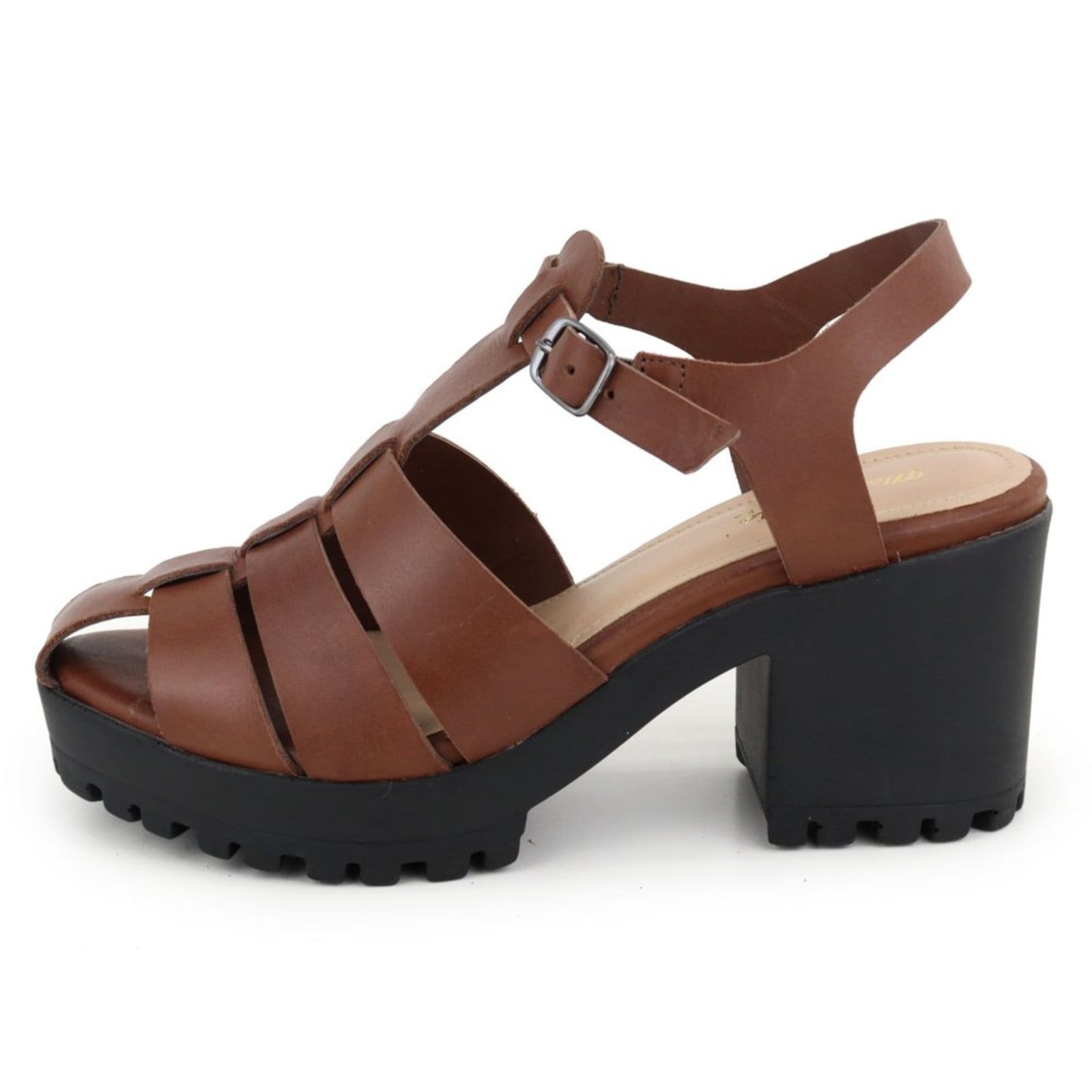 Sandália Feminina Tratorada em Couro Salto Bloco Tiras Maria Paula Cedro