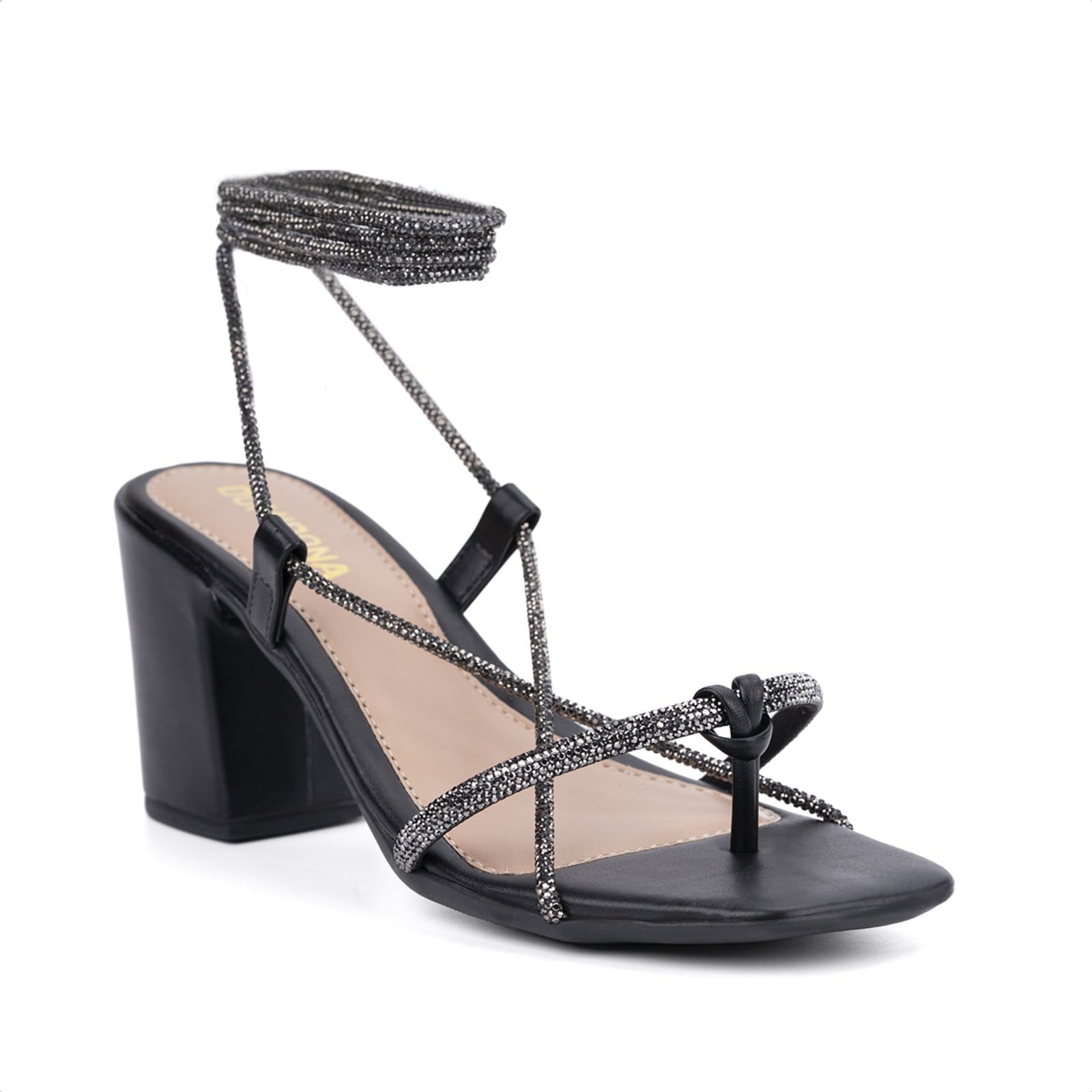 Sandália Feminina Amarração Tiras Strass Brilho Salto Grosso