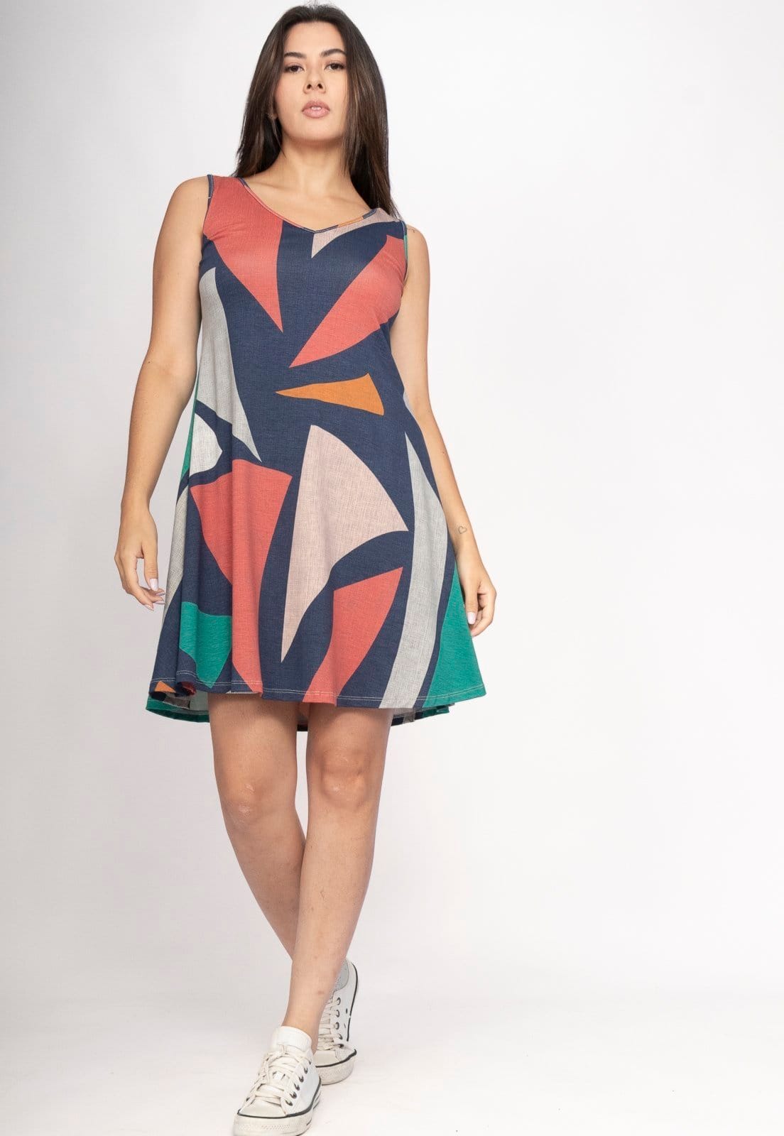 Vista 2 Vestido Amazonia Vital Amana Curto Regata Malha Geometrias do Tempo Amazonia Vital estampado