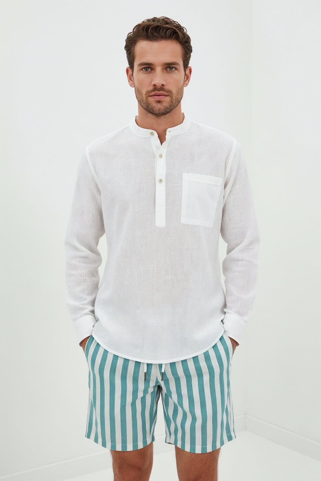 Vista principal Short Listrado Cós Elástico Traymon List Verde Agua/Off Traymon listra verde