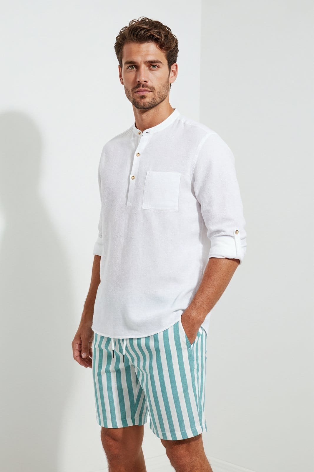 Vista 2 Short Listrado Cós Elástico Traymon List Verde Agua/Off Traymon listra verde