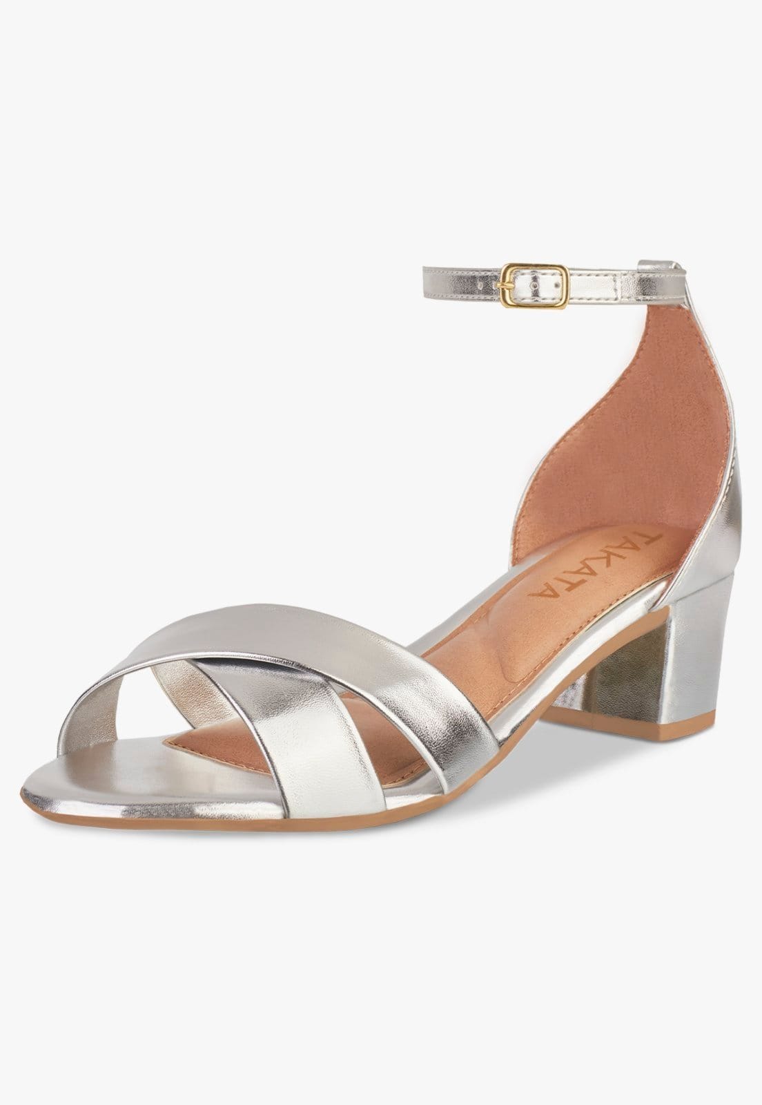 Sandália Feminina Salto Bloco Grosso Quadrado Baixo Tira Cruzada Amarração Metalizada