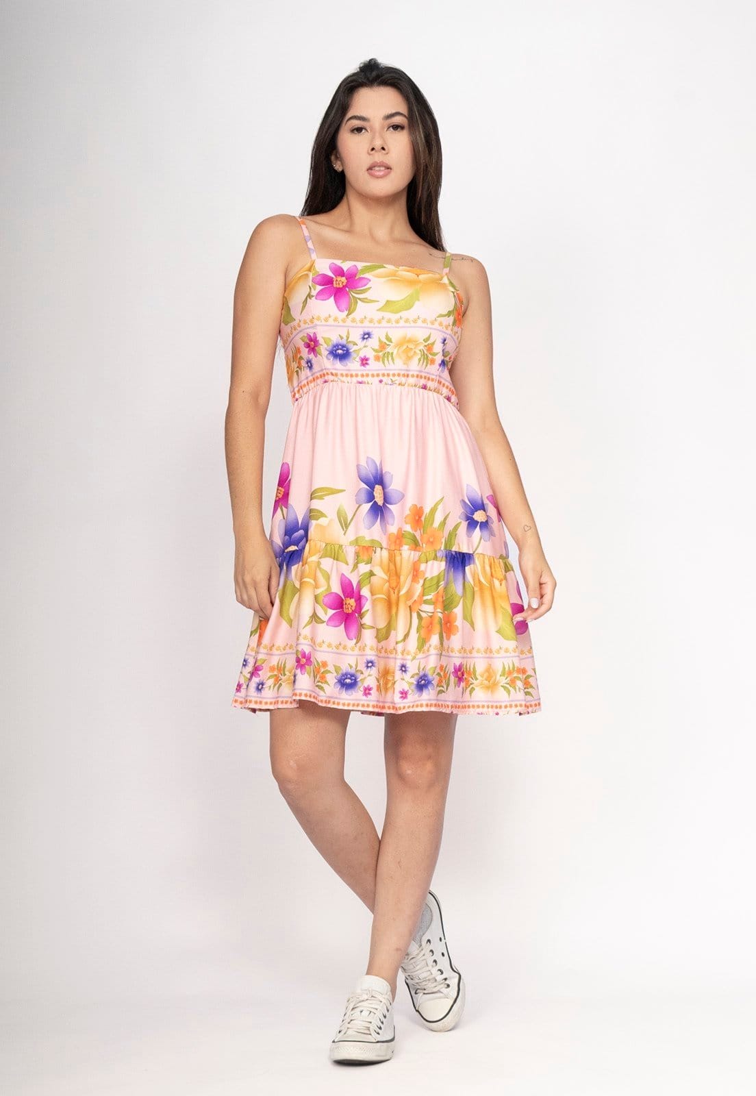 Vista principal Vestido CabanaFree Curto Alça Fina Estampa Jardim Rosa Cabanafree branco/estampado rosa