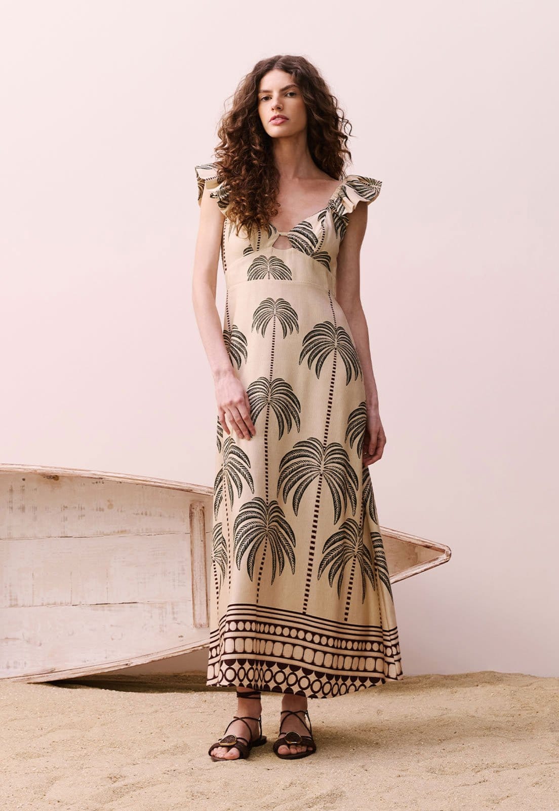 Vista principal Vestido CaCay Midi Alça Babado CaCay bege