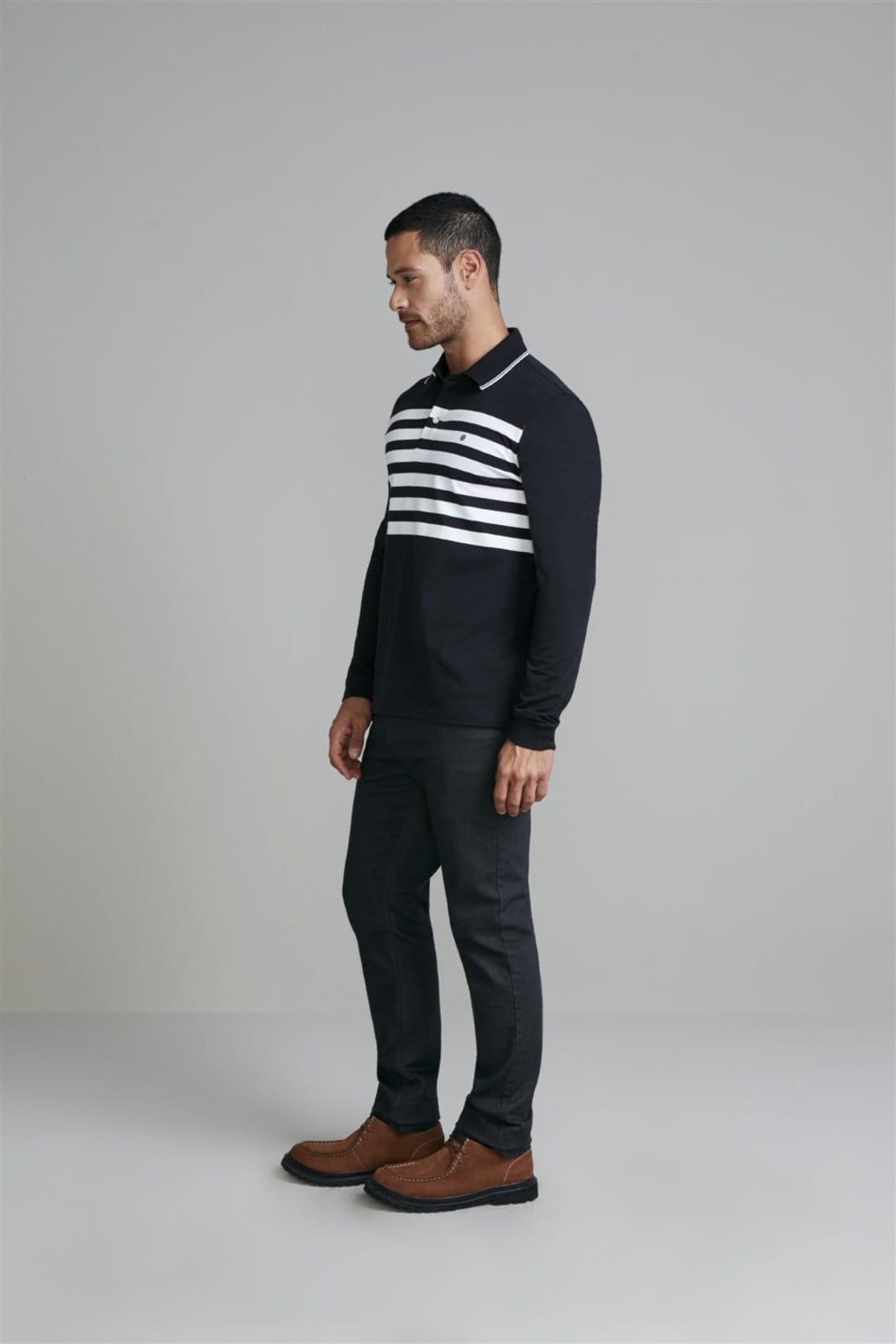 Vista 2 HIGHSTIL Camisa Polo Manga Longa Malha Slim Fit Branco HIGHSTIL preto