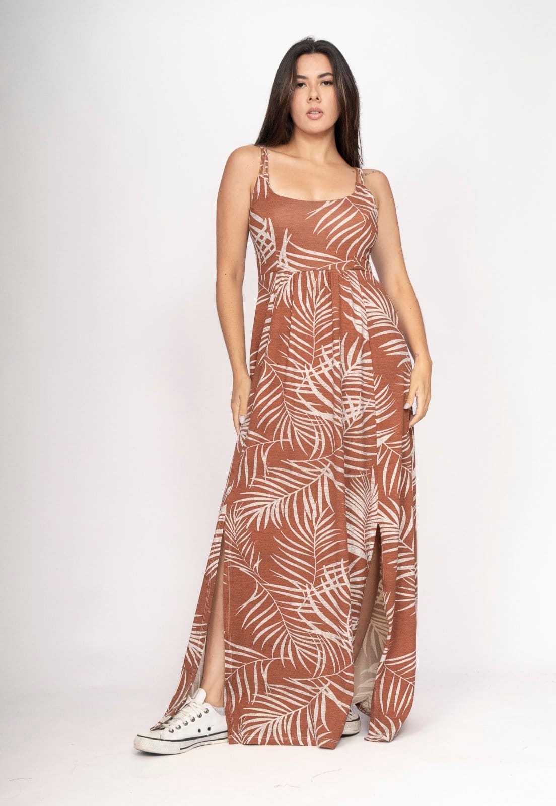 Vestido CabanaFree Longo Jambo Malha Aberturas Palmas da Terra