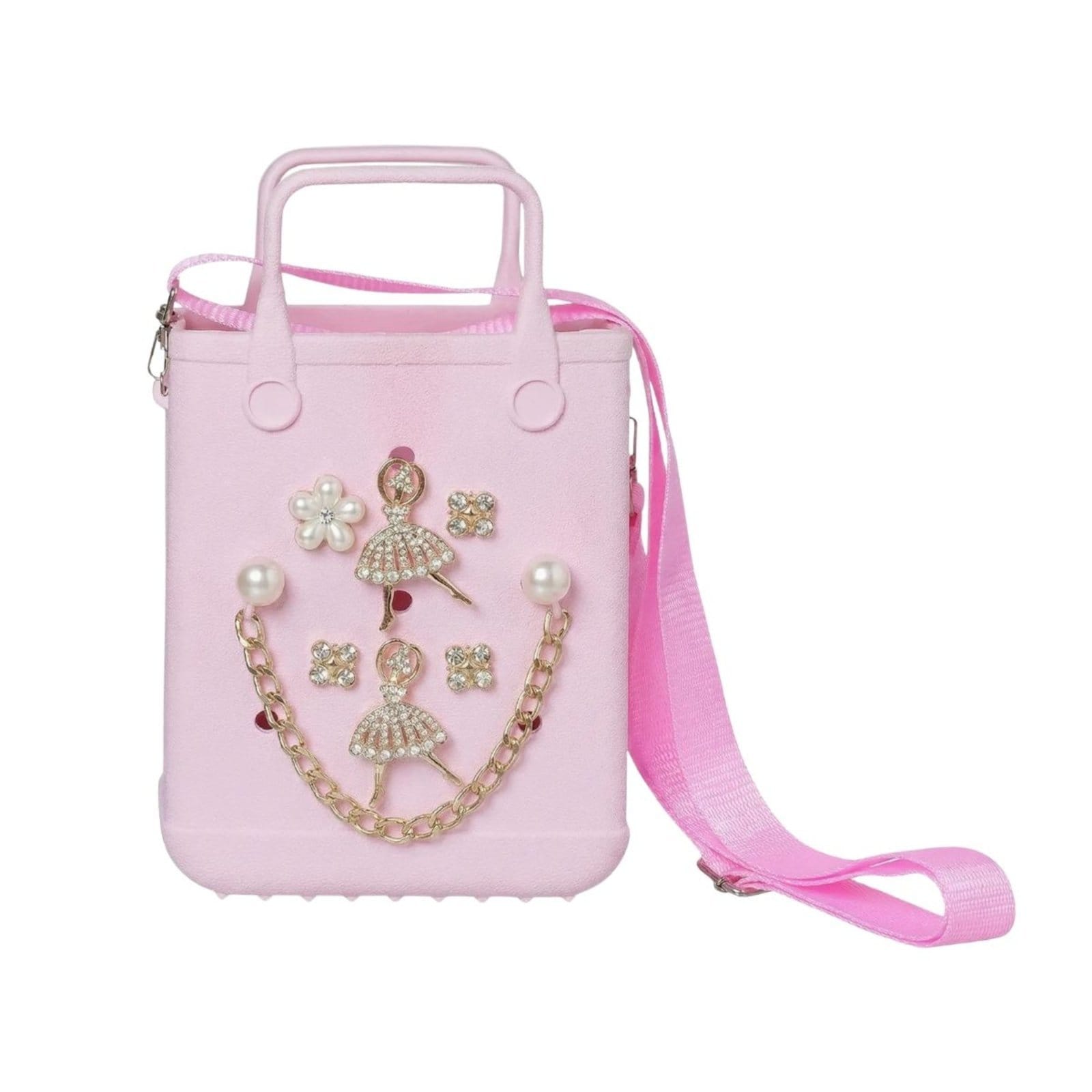 Vista 2 Infantil - Kit Sandália Babuche Com Pingentes + Bolsa transversal com boton para decorar cor Angipé rosa