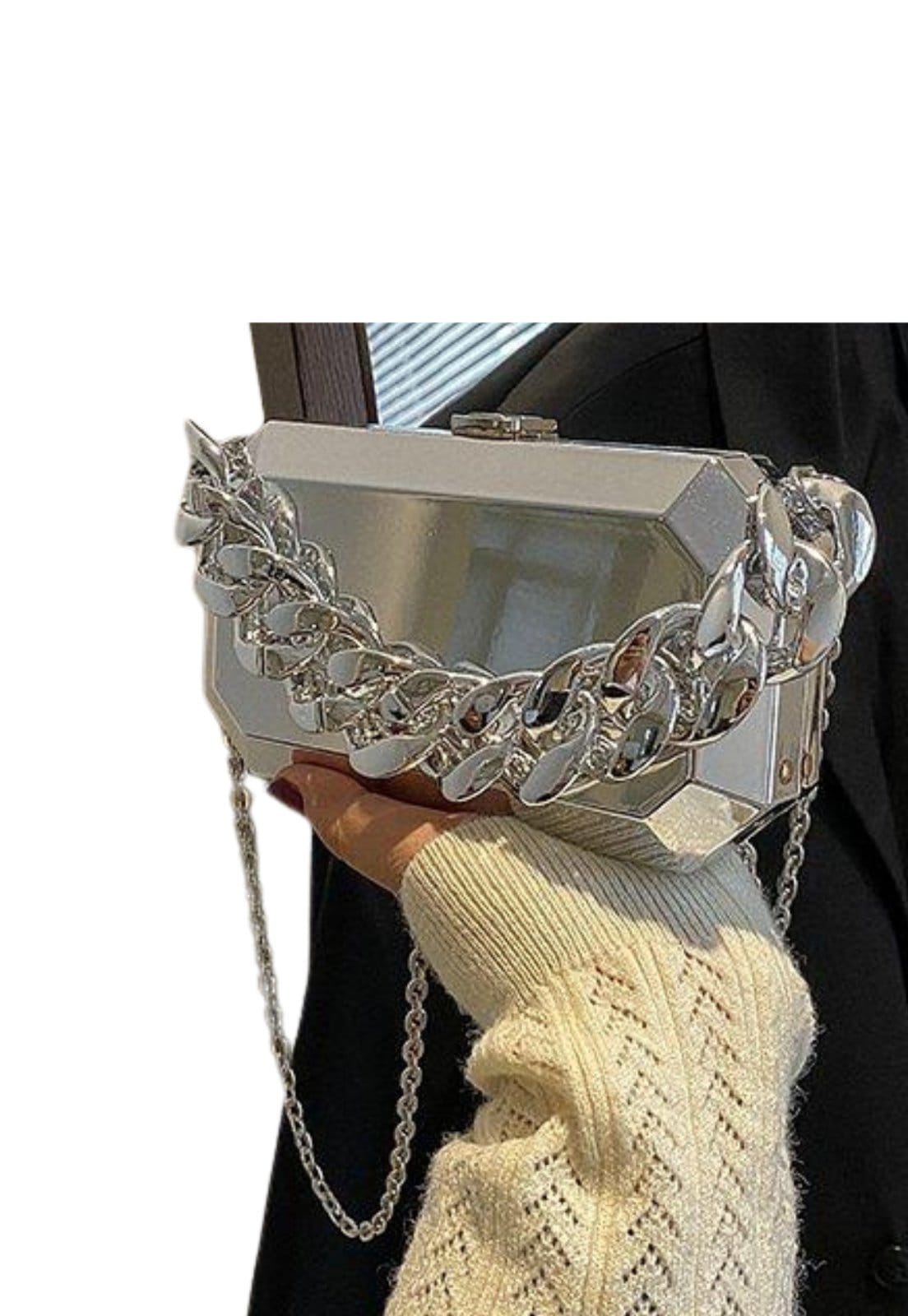 Vista 2 Bolsa Clutch de Festa Metalizada Retângular com Alças removíveis Micca Cia do Vestido prata