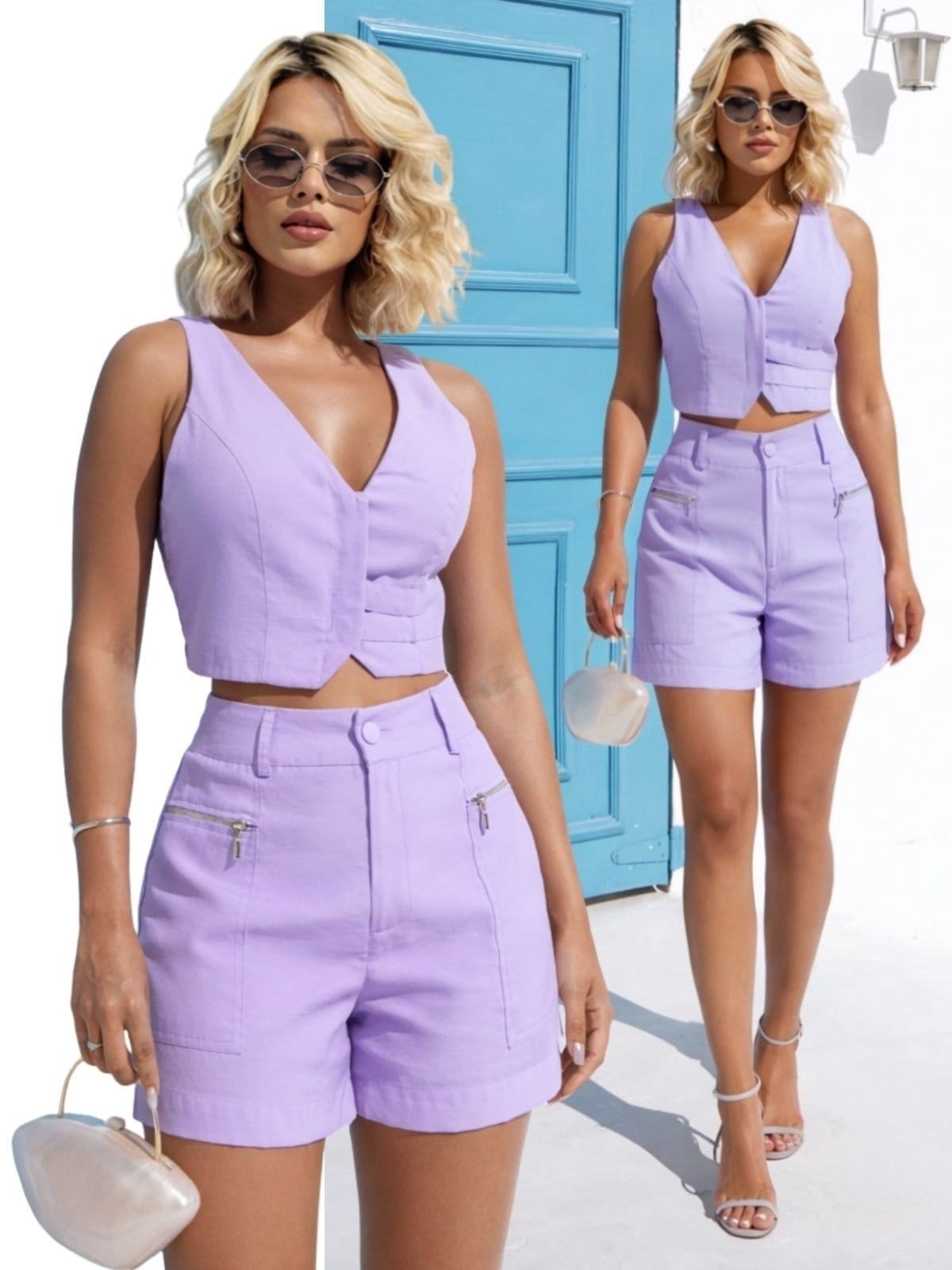 Vista principal Conjunto Feminino Linho Cropped Colete e Shorts 2030 - Lilás nv DIVINA GATA verde