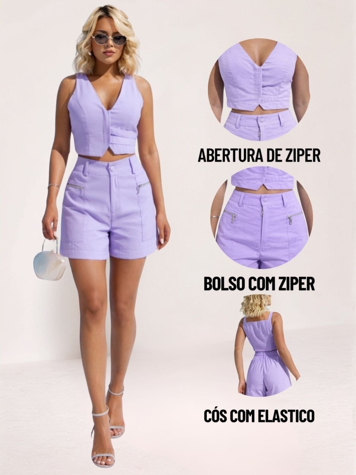 Vista 2 Conjunto Feminino Linho Cropped Colete e Shorts 2030 - Lilás nv DIVINA GATA verde