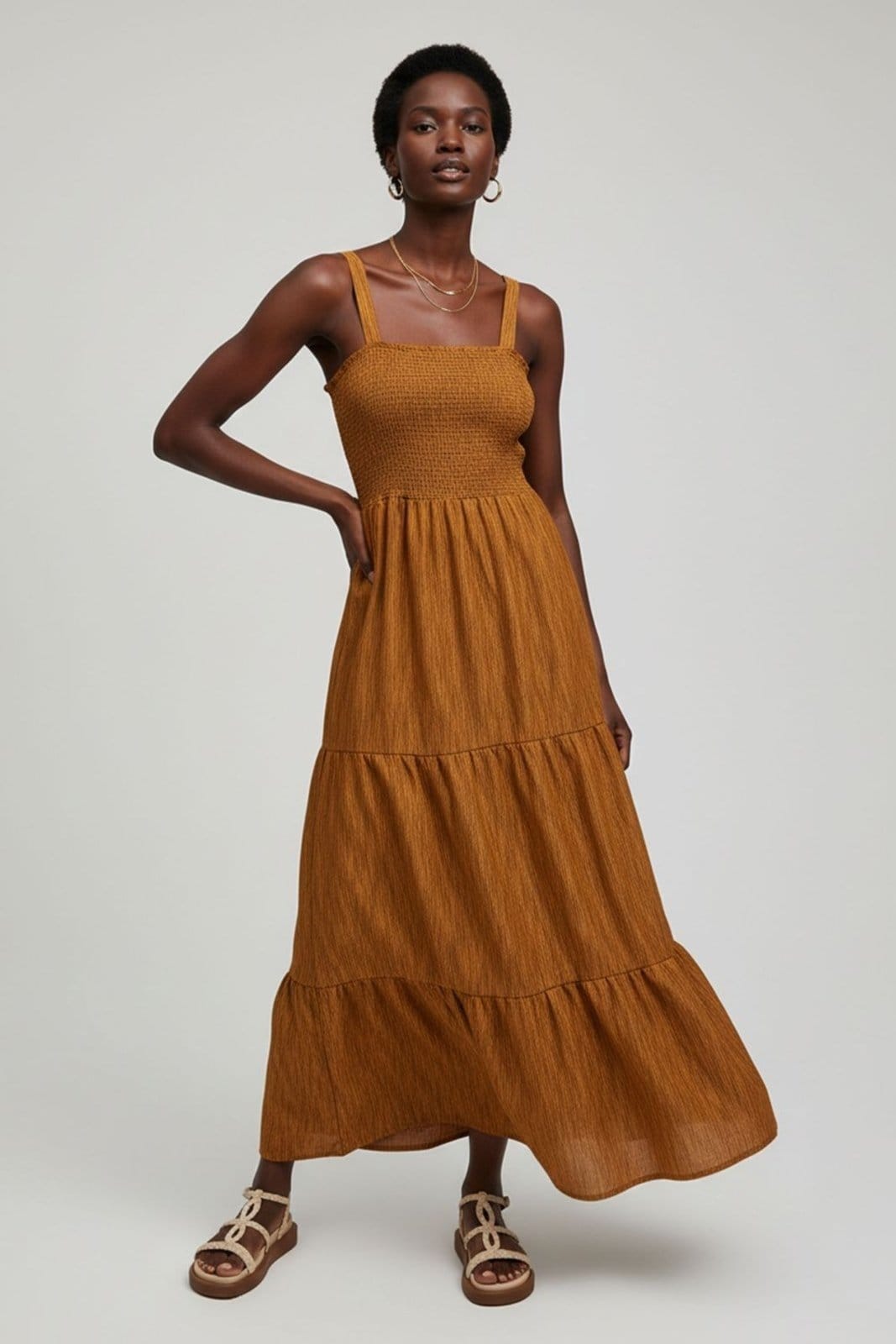 Vista principal Vestido Longo Com Alças Feminino Marialícia Escuro Marialícia laranja