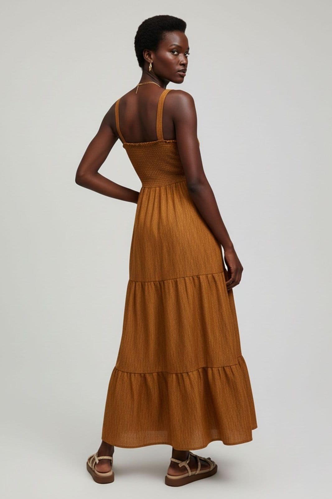 Vista 2 Vestido Longo Com Alças Feminino Marialícia Escuro Marialícia laranja