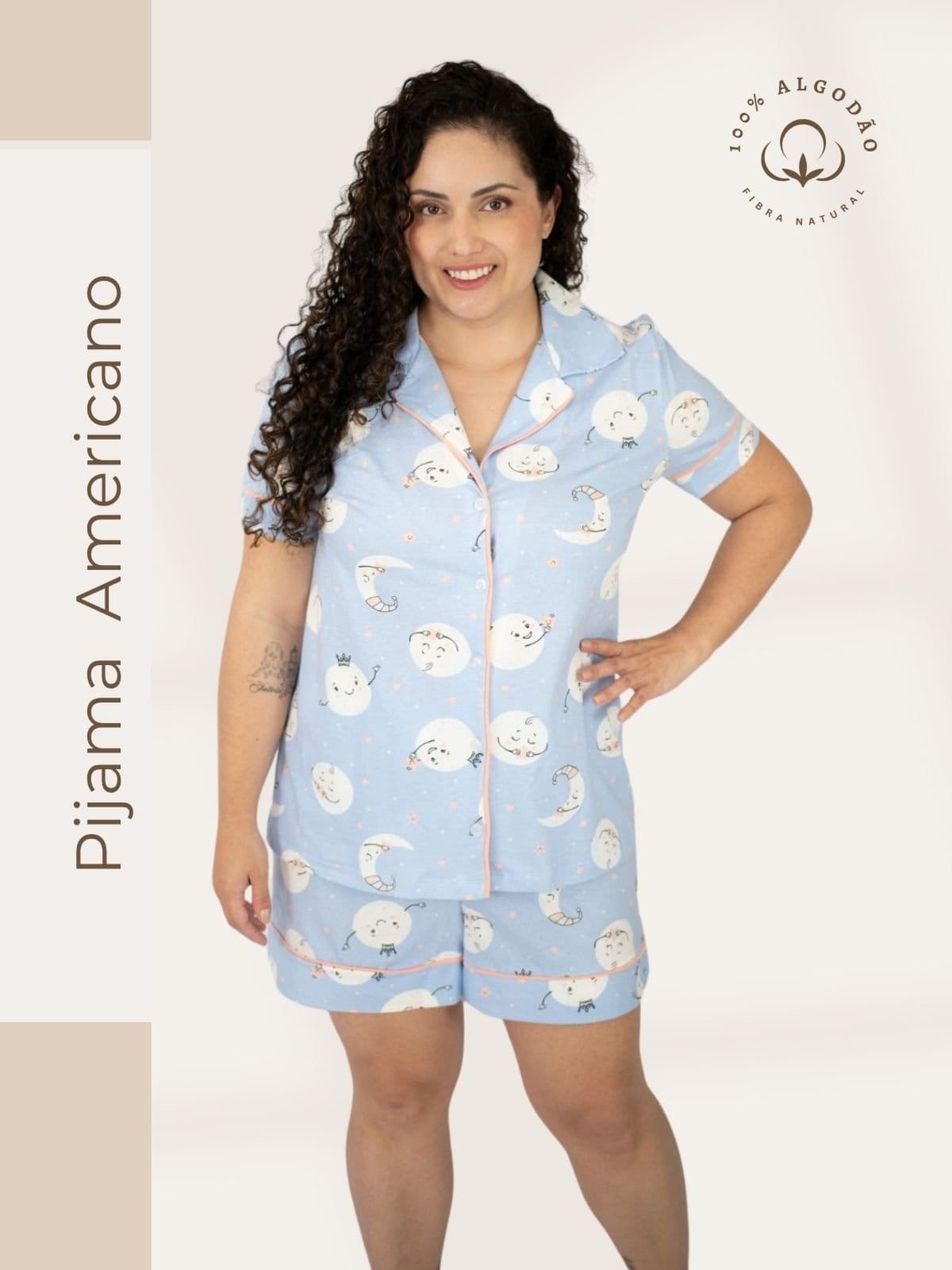Vista principal Pijama Algodão Plus Size Americano Curto Flávia - Lua Piante azul