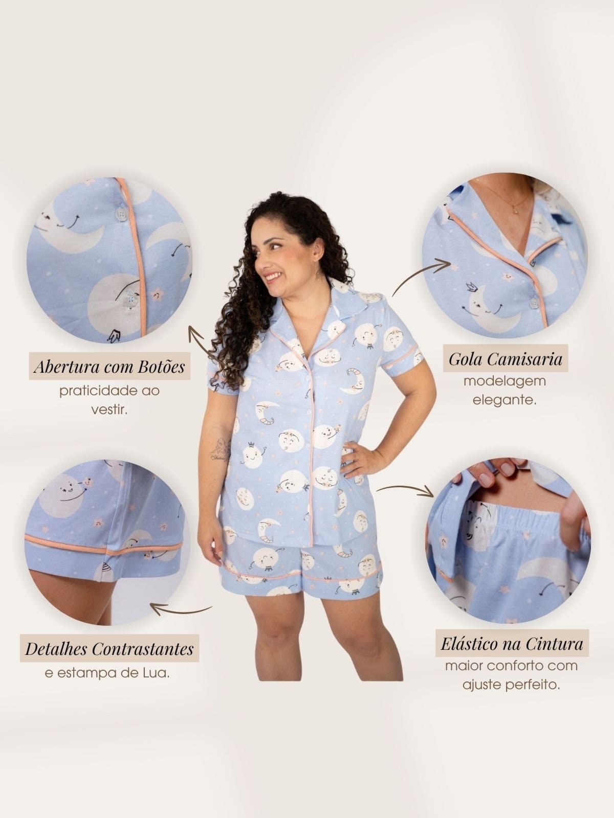 Vista 2 Pijama Algodão Plus Size Americano Curto Flávia - Lua Piante azul