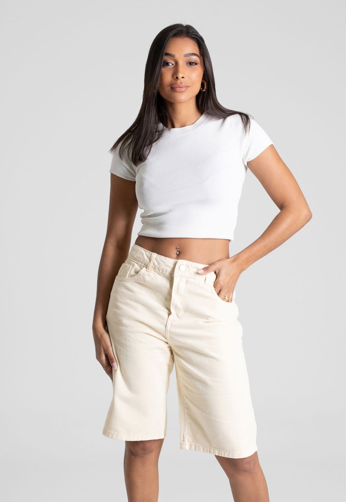 Vista 2 Bermuda Feminina Sawary Wide Algodão Amarela Sawary amarelo