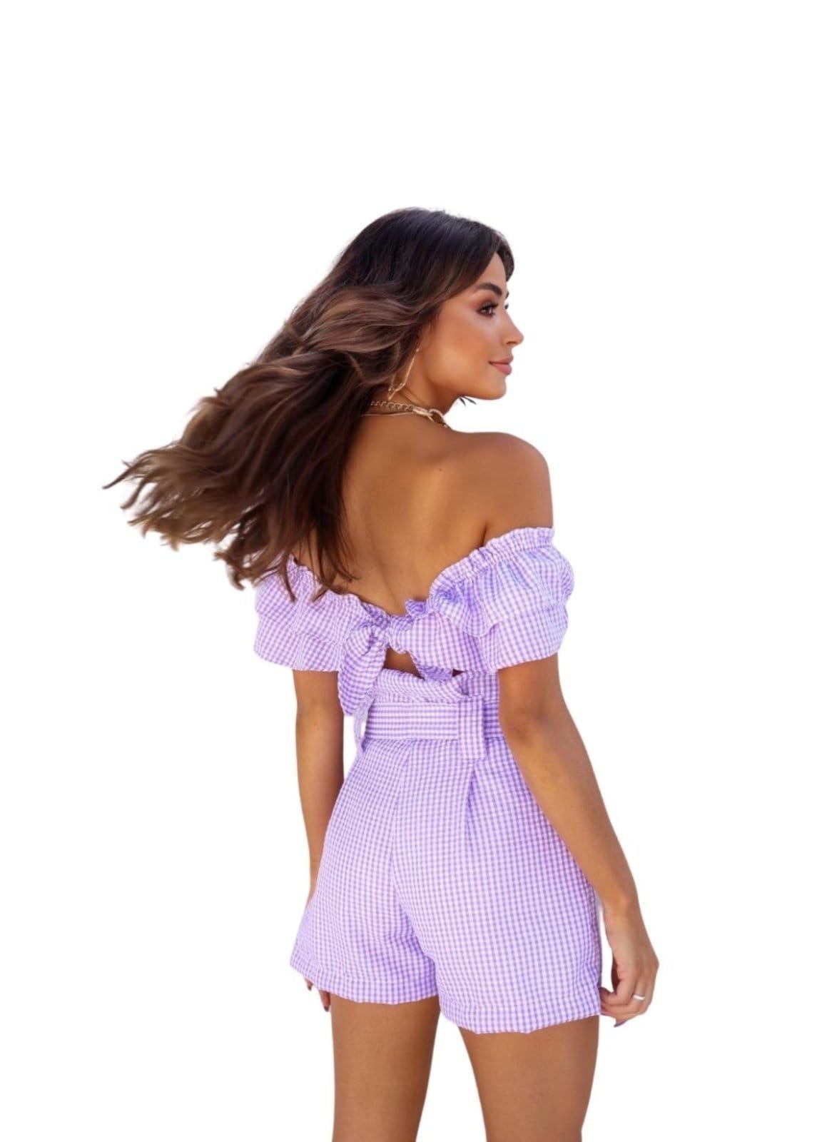 Vista 2 Conjuntinho Anarruga Mandi Ombro a Ombro Shorts e Cropped Cia do Vestido lilás/xadrez
