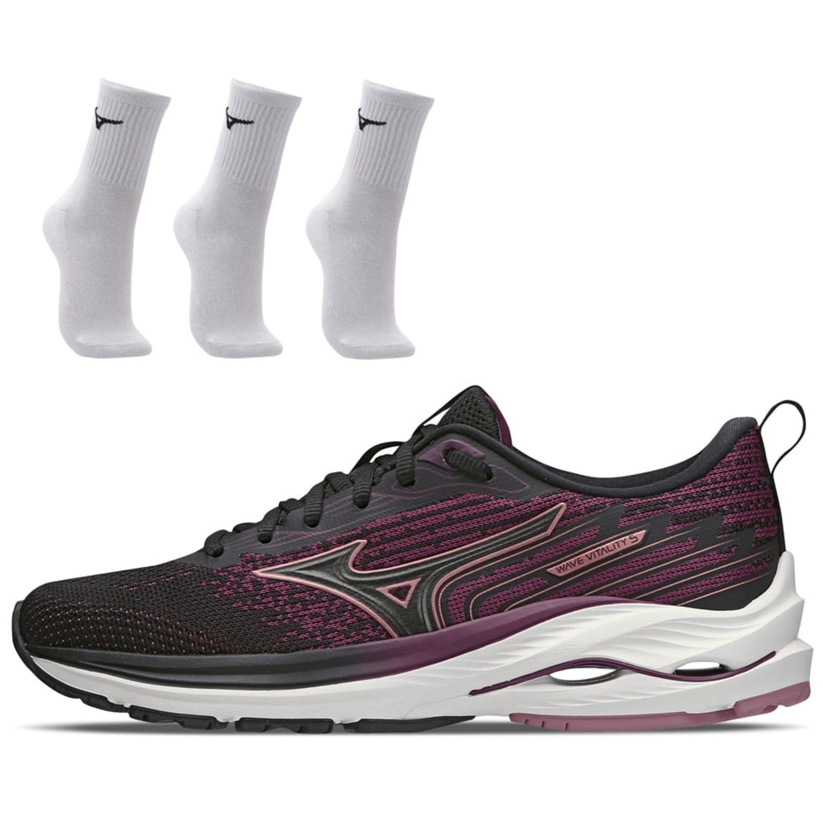 Vista principal Kit 1 Tênis de Corrida Feminino Mizuno Wave Vitality 5 e 3 Pares de Meia Cano Médio Mizuno preto