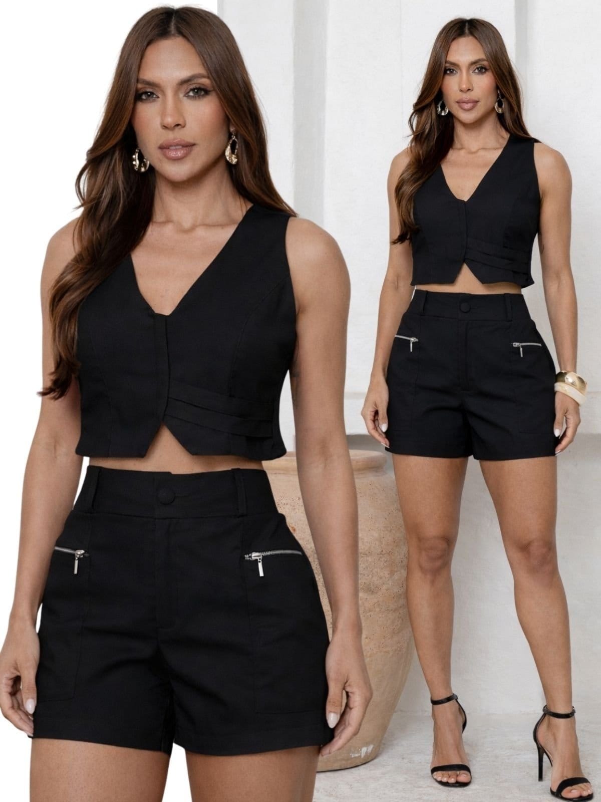 Vista principal Conjunto Feminino Linho Cropped Colete e Shorts DIVINA GATA preto