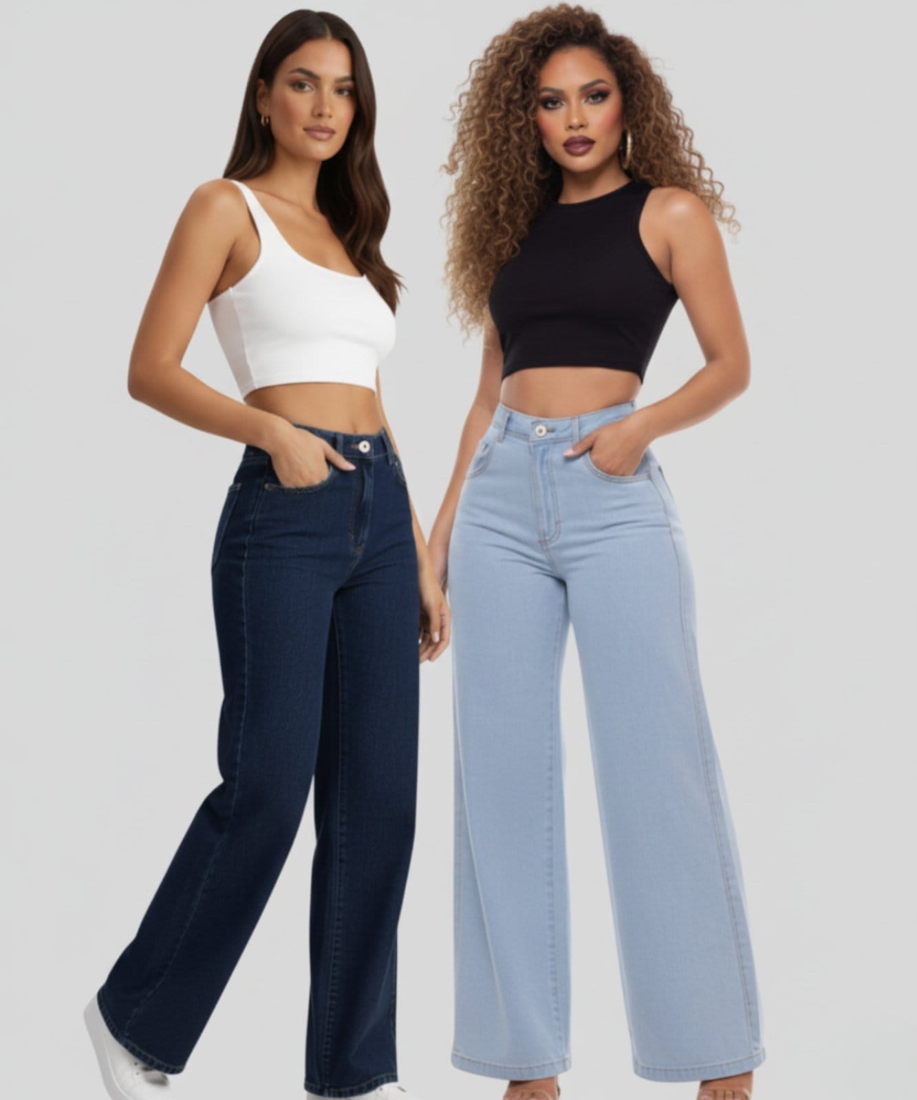 Vista 2 Kit 2 Calças Widleg Feminina Jeans Alpha Street Wear Estilo Gringa Fashion e Confortavel Azul Delave e Azul Escuro Alpha Street Wear jeans azul