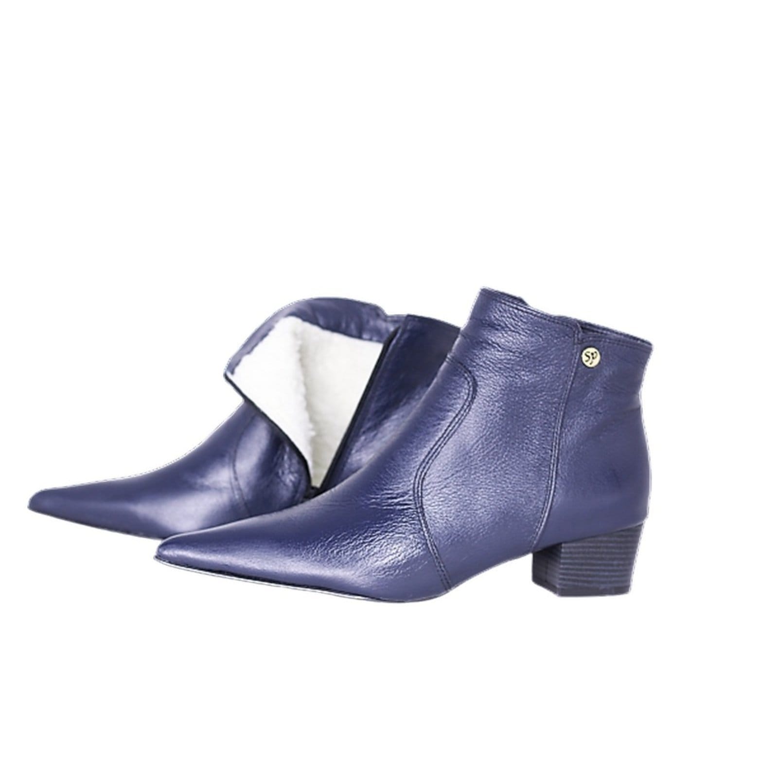 Vista principal Bota Feminina em Lã Sintética Bico Fino Cano Curto Couro Salto 4 CM Azul Spinelli azul marinho