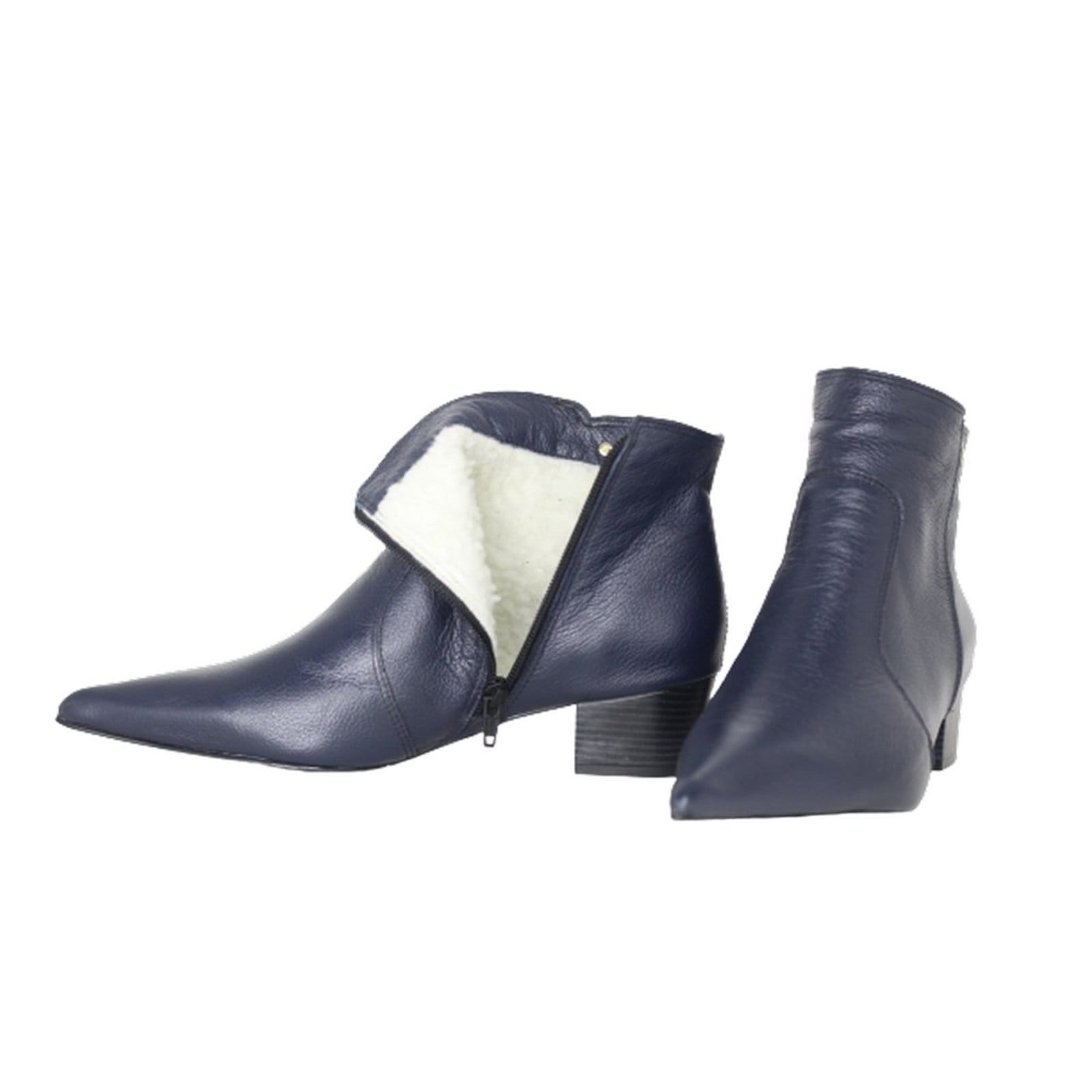 Vista 2 Bota Feminina em Lã Sintética Bico Fino Cano Curto Couro Salto 4 CM Azul Spinelli azul marinho