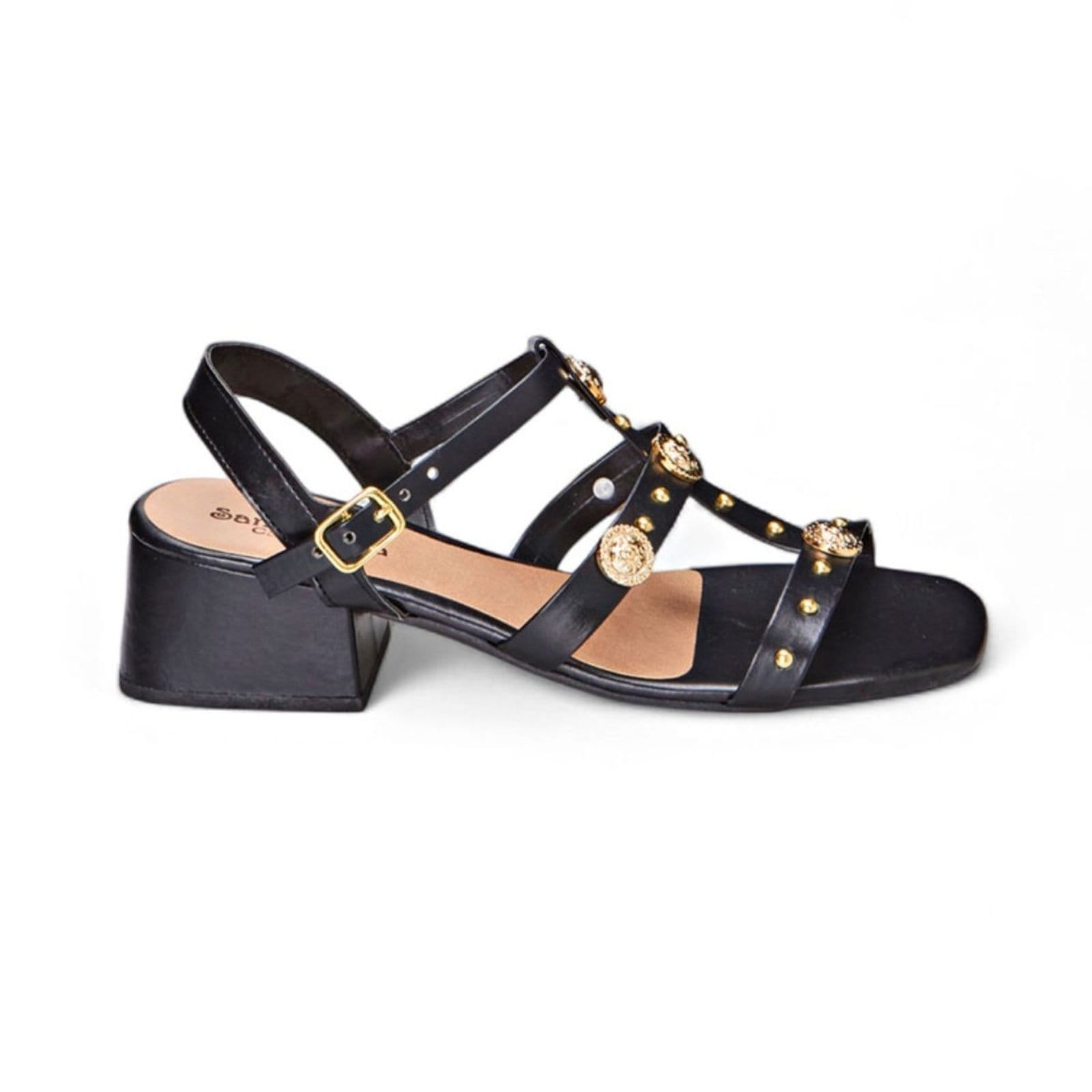 Vista 2 Sandália Feminina Salto Bloco Preta Medalha Tachinhas Dourada Santa Rosa preto