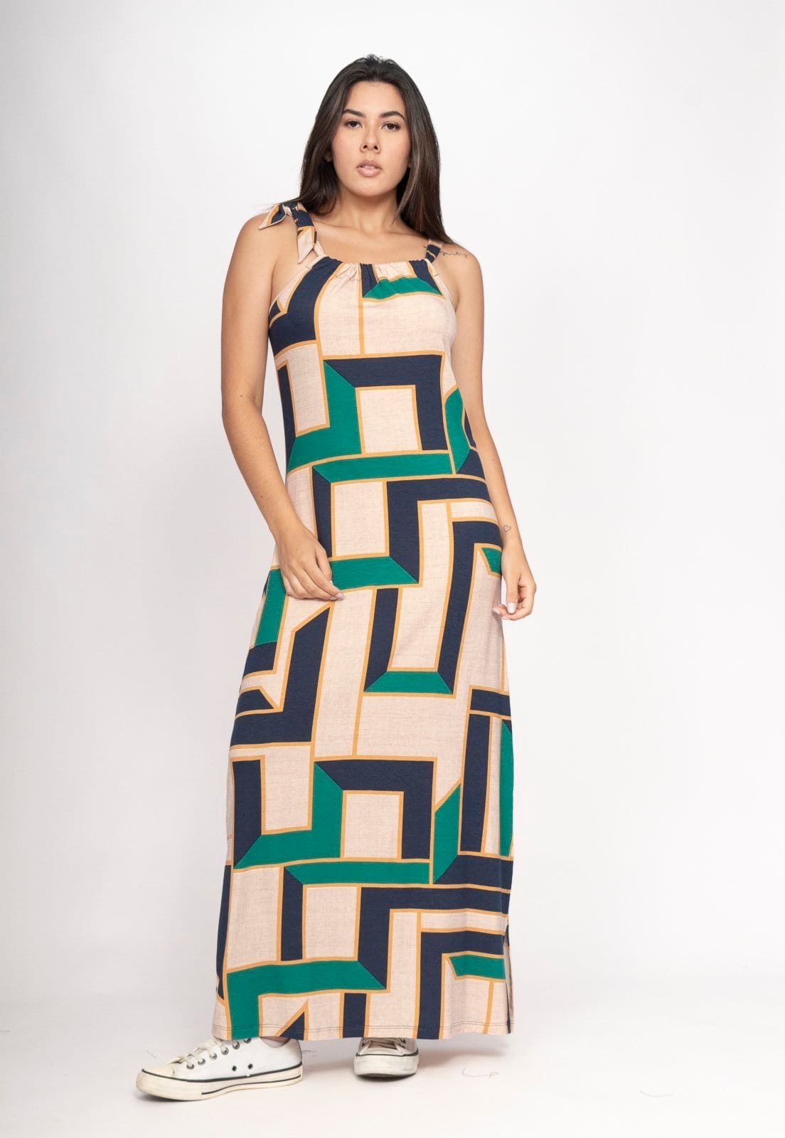 Vista principal Vestido CabanaFree Capotira Longo Malha Alça Ajustável Chapada de Areia Cabanafree estampado