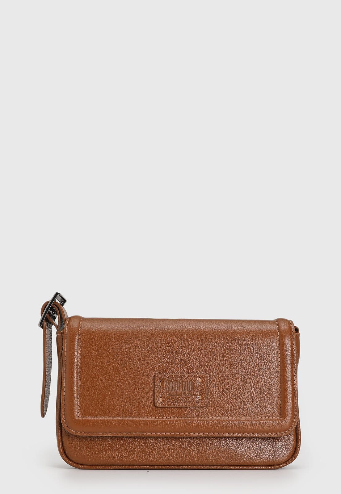 Vista principal Bolsa Tiracolo Santa Lolla em Couro Logo Santa Lolla caramelo