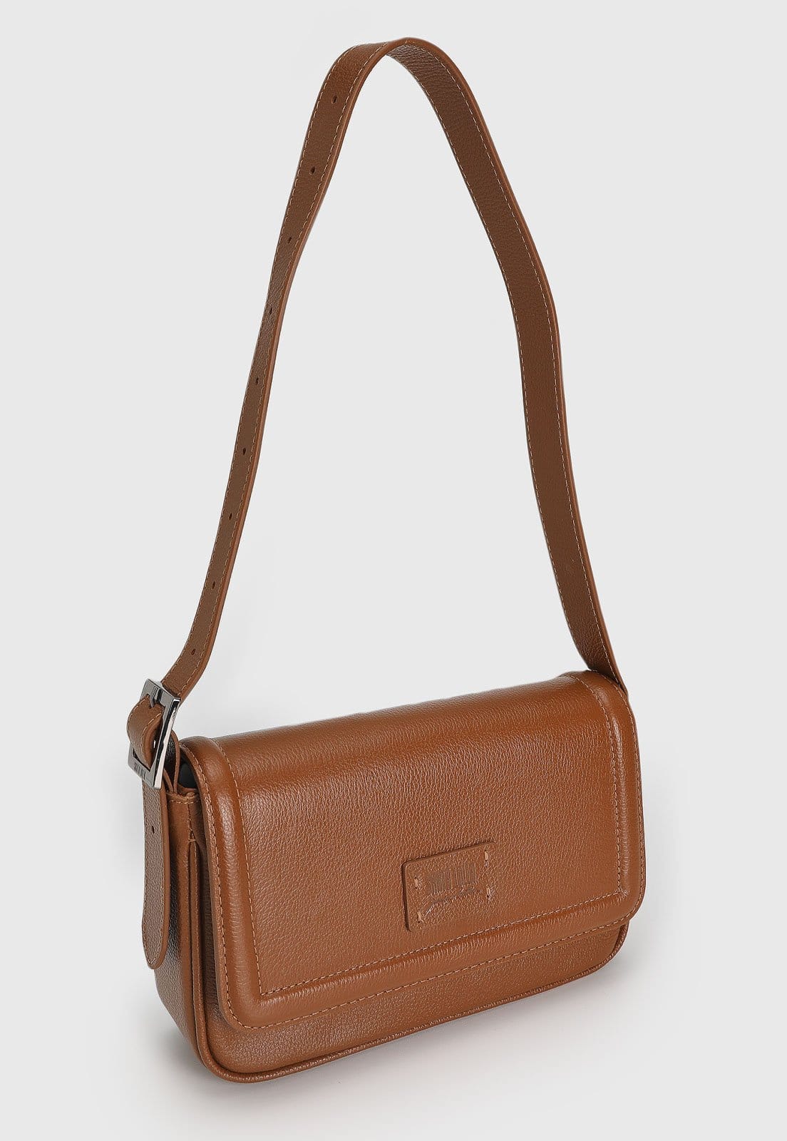 Vista 2 Bolsa Tiracolo Santa Lolla em Couro Logo Santa Lolla caramelo