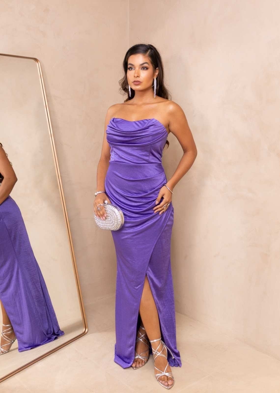 Vista principal Vestido Longo de Festa Madrinhas Tomara que Caia Tubinho Sereia Maju Lavanda Cia do Vestido lilás/roxo lavanda