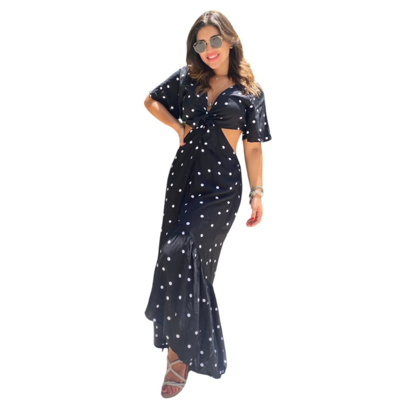 Vestido Abertura Laço Poá