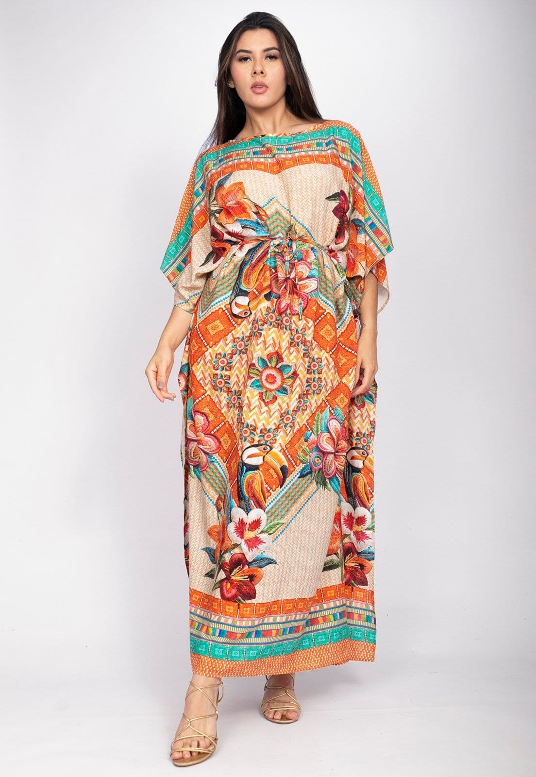 Vista 2 Vestido Amazonia Vital Kaftan Viscose Longo Estampa Tucano Urbano Amazonia Vital amarelo/branco/estampado