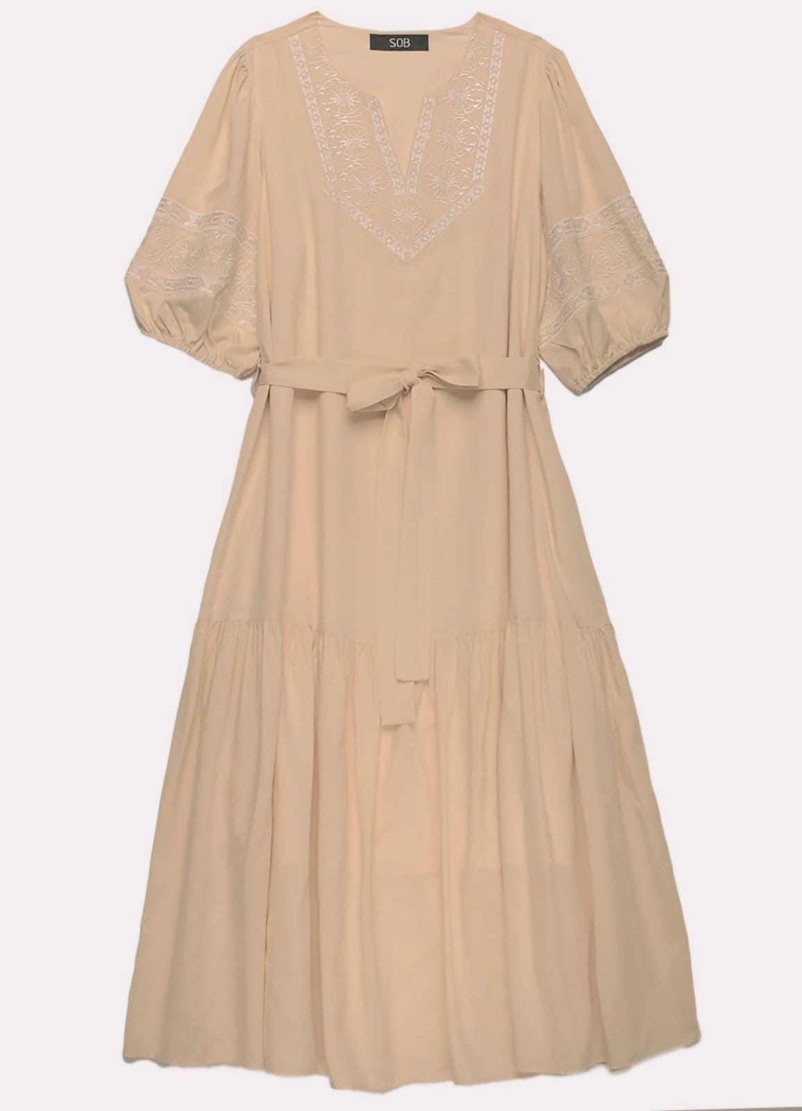 Vista 2 Vestido Midi Bordado com Mangas Forrado SOB bege nude