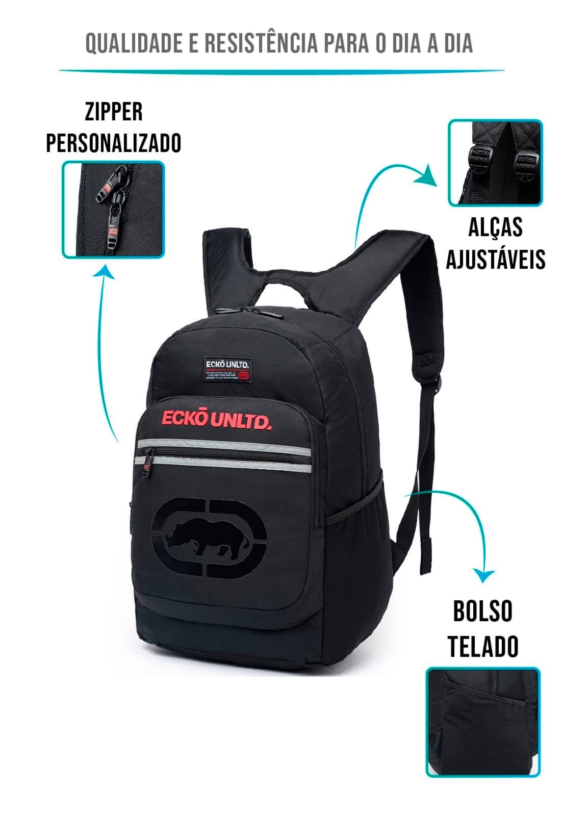 Vista 2 Mochila Masculina Ecko Casual Reforçada Espaçosa Original Ecko preto